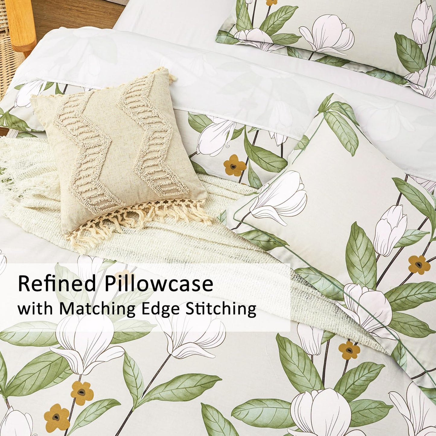 ALEISSEL Pale Moss Green Botanical Cotton Comforter King Size - 3PC Lightweight Bedding Sets with Ultra-Soft Alternative Fill, Floral Design with Leaf & White Magnolias (1 Comforter, 2 Pillowshams)
