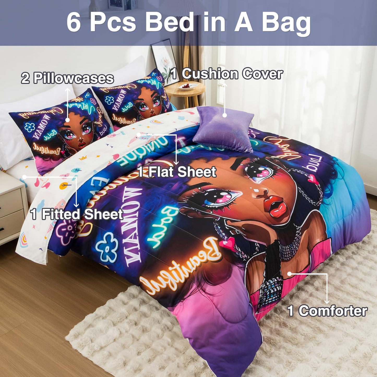A Nice Night 6pcs Comforter Sets,Black Girl with Fashionable Attire Printing, Printed with Letters Background Kids Bedding Set,Twin