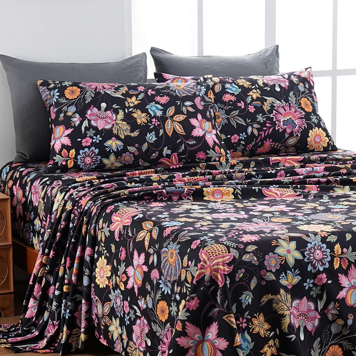 MEISHANG Queen Sheet Set - Ultra Soft Floral Sheets Brushed Microfiber,1800 Thread Count Floral Bed Sheets Oeko-Tex Certificated - Black Yellow