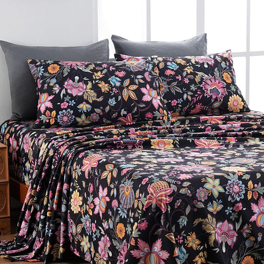 MEISHANG Queen Sheet Set - Ultra Soft Floral Sheets Brushed Microfiber,1800 Thread Count Floral Bed Sheets Oeko-Tex Certificated - Black Yellow