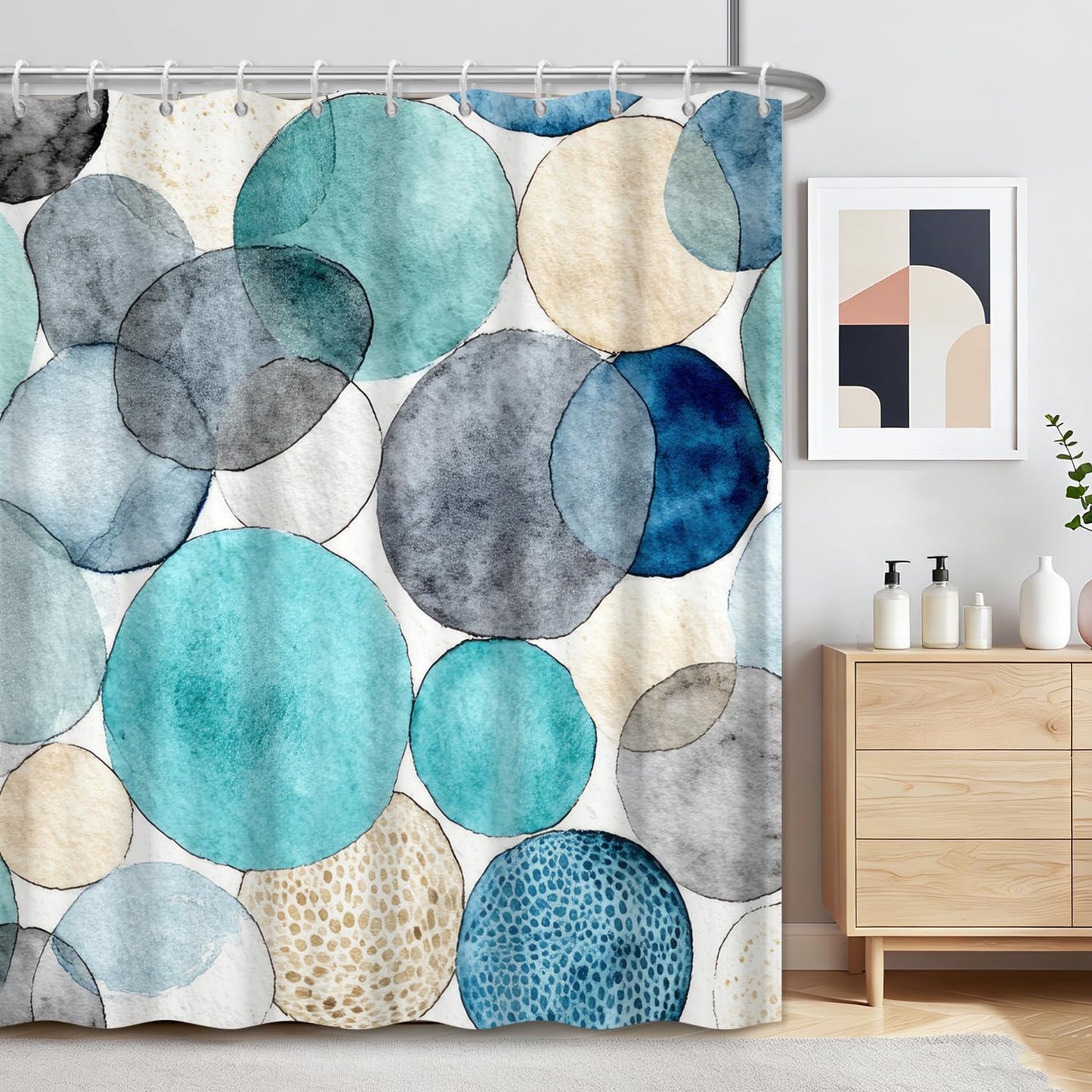 Watercolor Polka Dot Shower Curtain, Abstract Geometric Colorful Circles Bathroom Curtains, Hotel Style Polyester Fabric Shower Curtain, Waterproof Washable with Hooks, 72x72 Inch, Teal and Aqua Blue