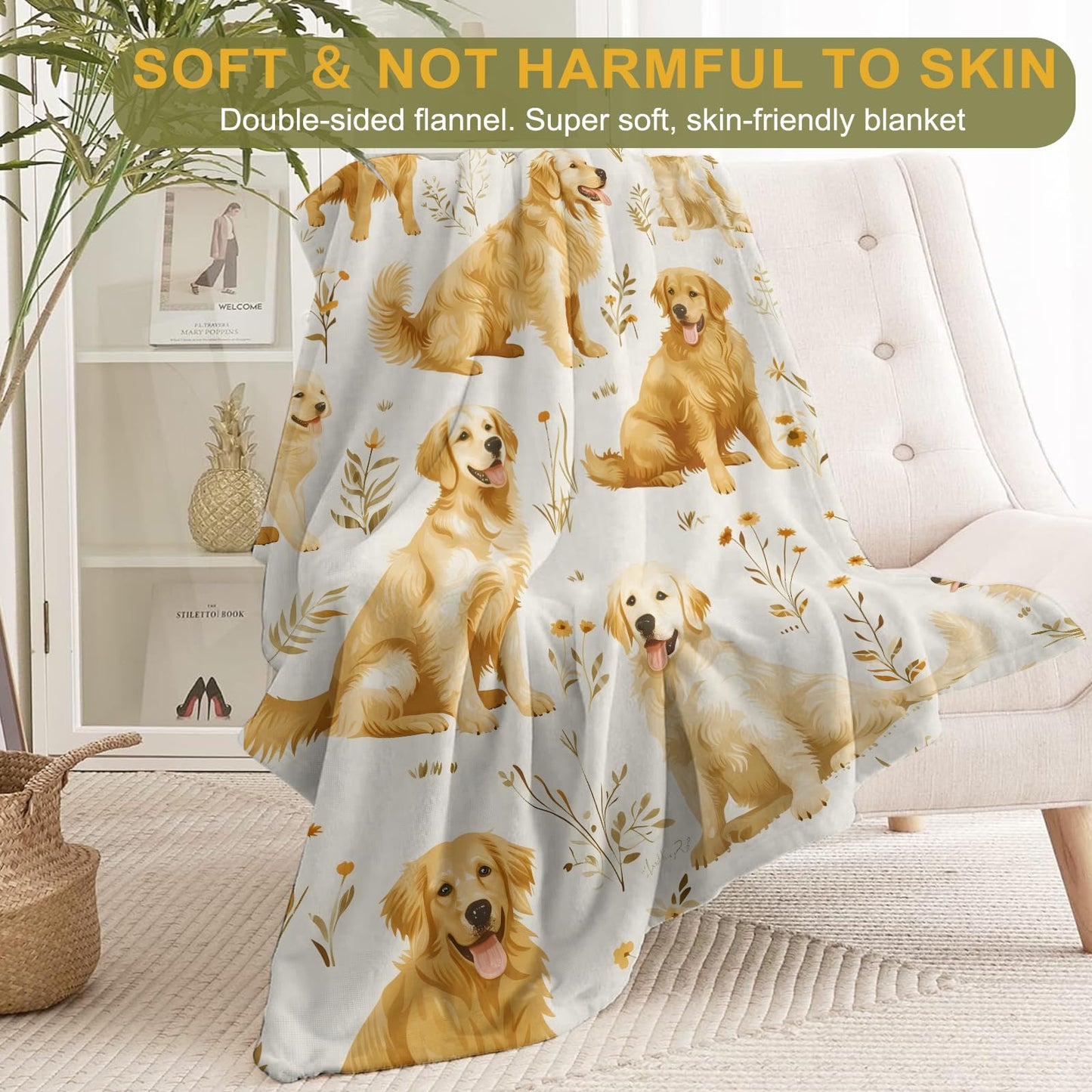 ainori Golden Retriever Flannel Blanket - Lightweight Soft Cozy Gifts Blankets for Dog Lovers, Kids, Women,Cute Floral Art Style Throw,Elegant Home Room Modern Retro Decor 50x60in