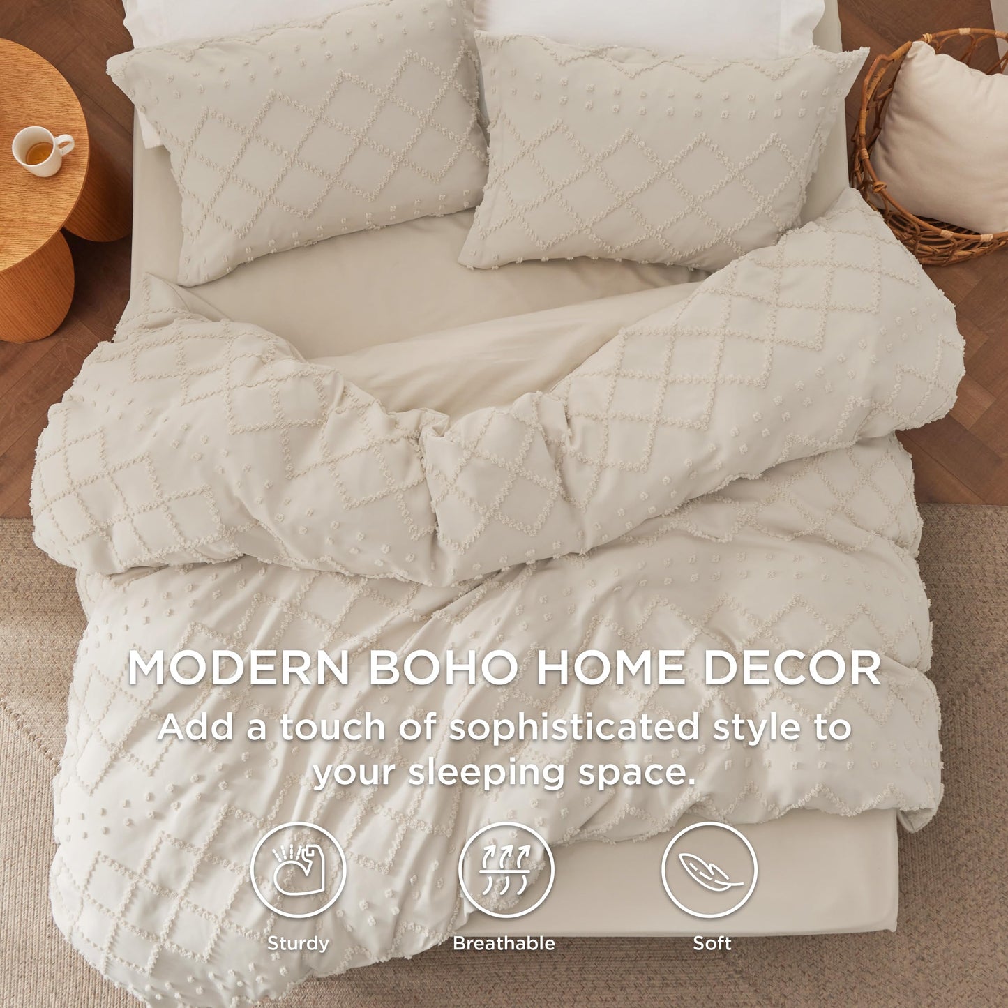 Bedsure Boho Duvet Cover Queen Size with Fitted Sheet - Boho Bedding Comforter Set, 4 Pieces, Includes 1 Duvet Cover 90"x90" with Zipper Closure, 2 Pillow Shams, 1 Fitted Sheet, Beige