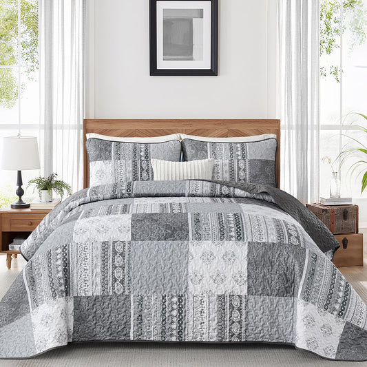 Dintszyayue Grey Quilt Set Queen Size Boho Patchwork Bedspread Coverlet 3 Pieces, Bohemian Floral Plaid Quilt Bedding Set Soft Microfiber Summer Bedding Bedspread Set, 96''x90''