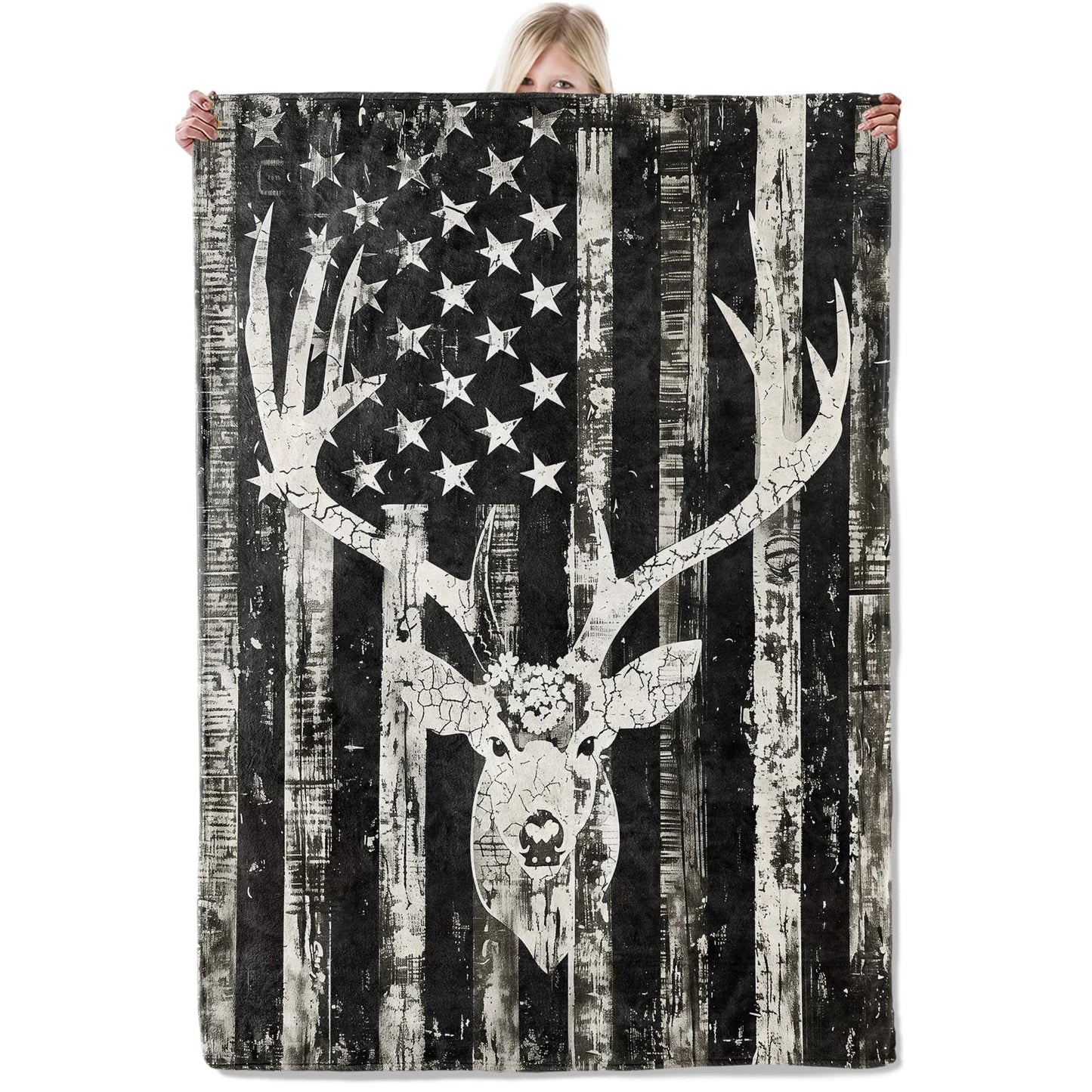 ICAAV Rustic Deer Head American Flag Flannel Blanket 50x60in,Black and White Distressed Patriotic Hunting Decor,Soft Lightweight Gifts Throw for Outdoorsmen,Hunters,Cabin and Rustic Style Fans