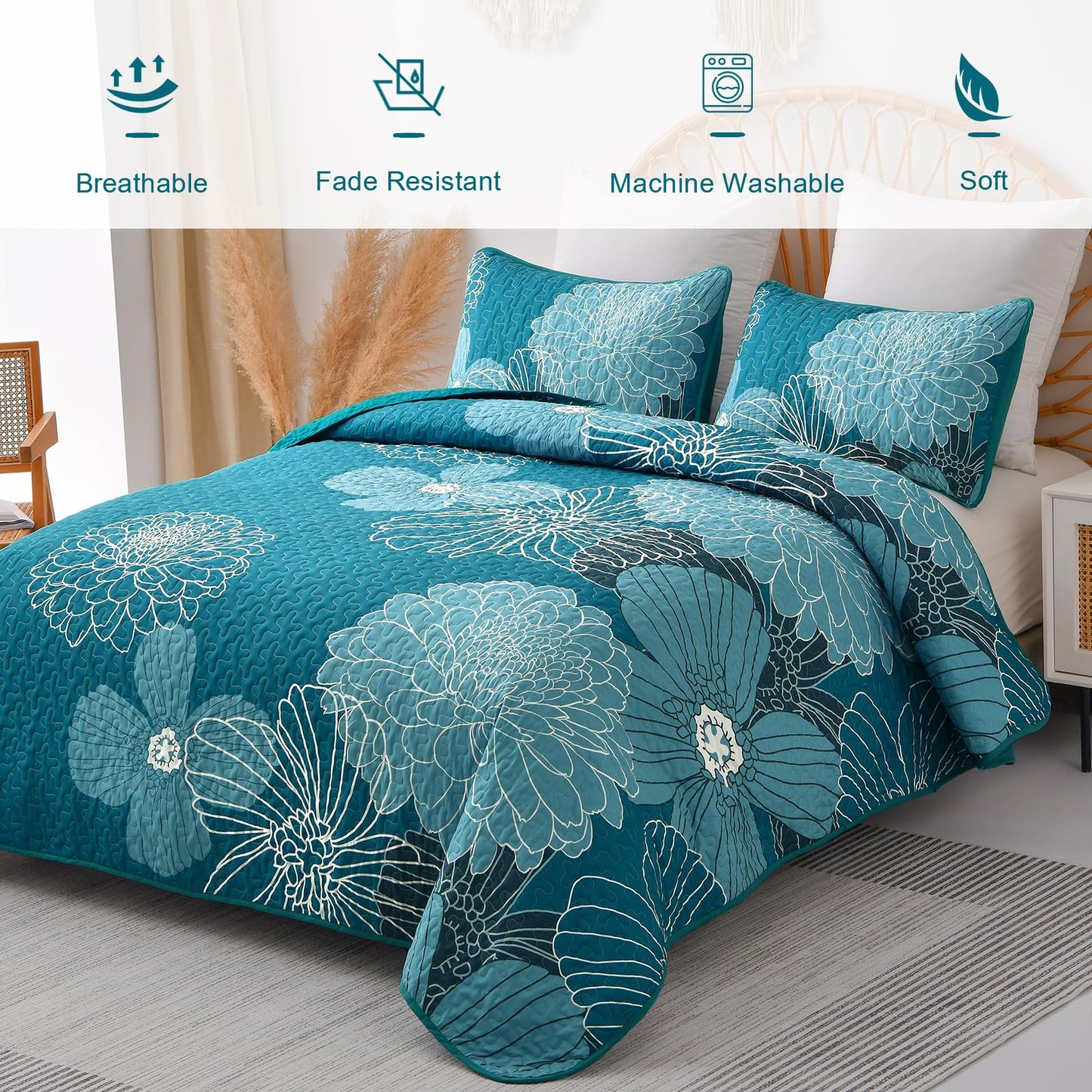 Queen Quilt Sets Teal Floral Pattern Quilt Bedding Set, 3 Pieces Botanical Quilt Bedspread Coverlet Set, Soft Microfiber Boho Flower Bed Coverlet Bedding Set for All Season(96" x 90)