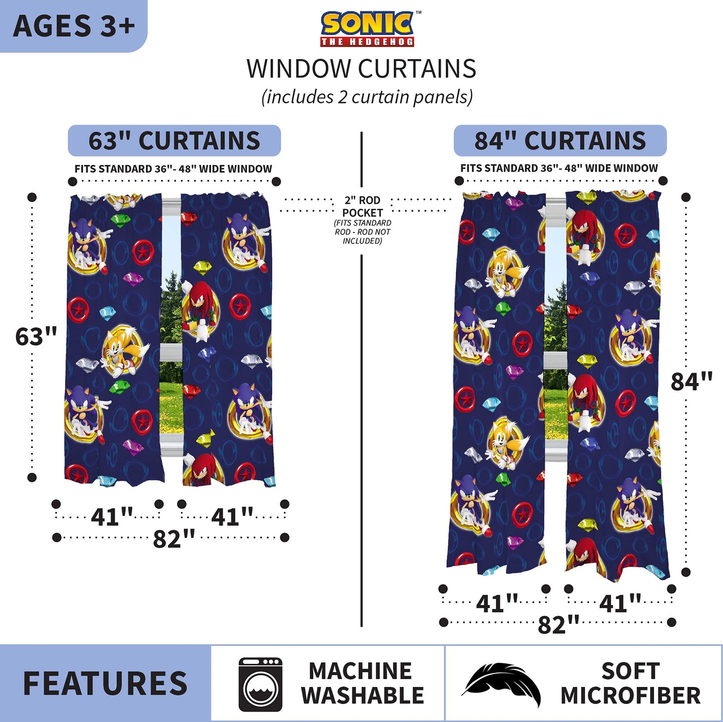 Sonic the Hedgehog Kids Window Curtains, 84 Inch Length 2-Panel Set, Semi Light Filtering Drapes for Bedroom & Playroom, (Officially Licensed Product) by Franco