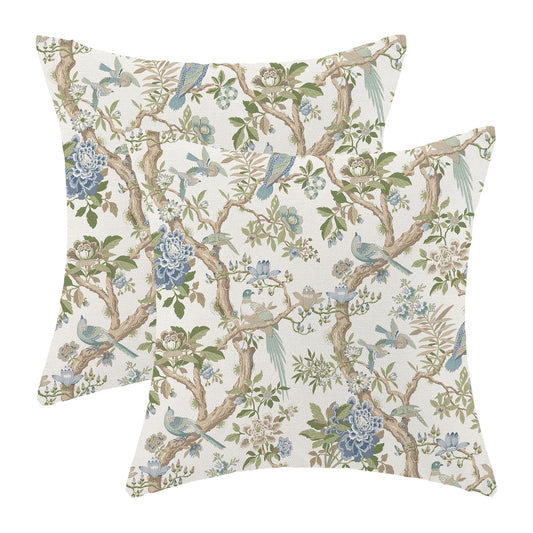 CXMEIFLY Chinoiserie Spring Pillow Covers 22 x 22 Inch Set of 2 for Blue Sage Green Vintage Flowers Bird Decor Throw Pillows Plant Farmhouse Outdoor Decorative Cushion Cases for Couch Bed Decorations