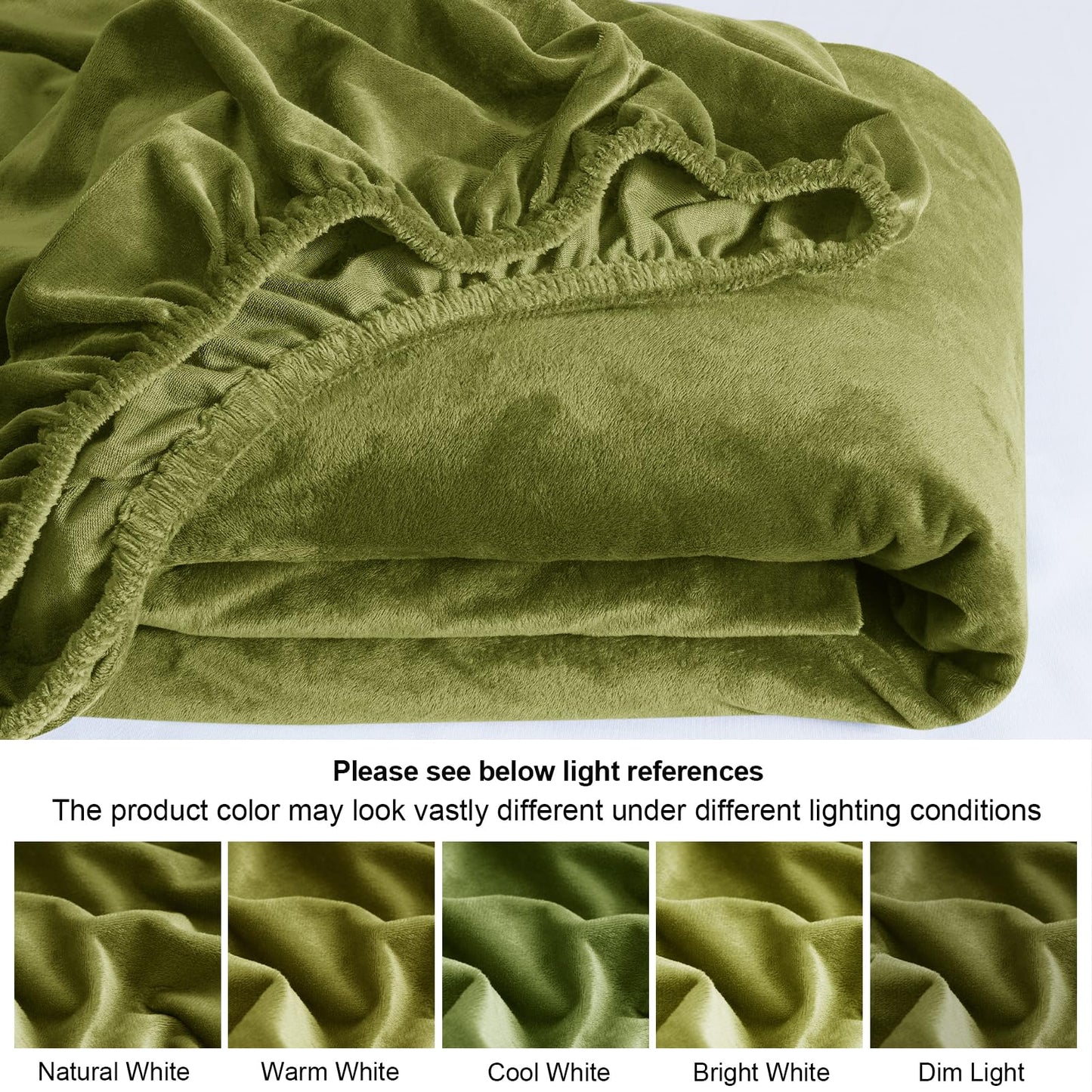 PHF Ultra Soft Velvet Fitted Sheet Queen Size, 16" Deep Pocket with Wider Stronger Elastic Band, Easy Fit Easy Care, 1 Pack Cozy Comfy Flannel Bottom Sheet for All Seasons, No Pillowcases, Olive Green