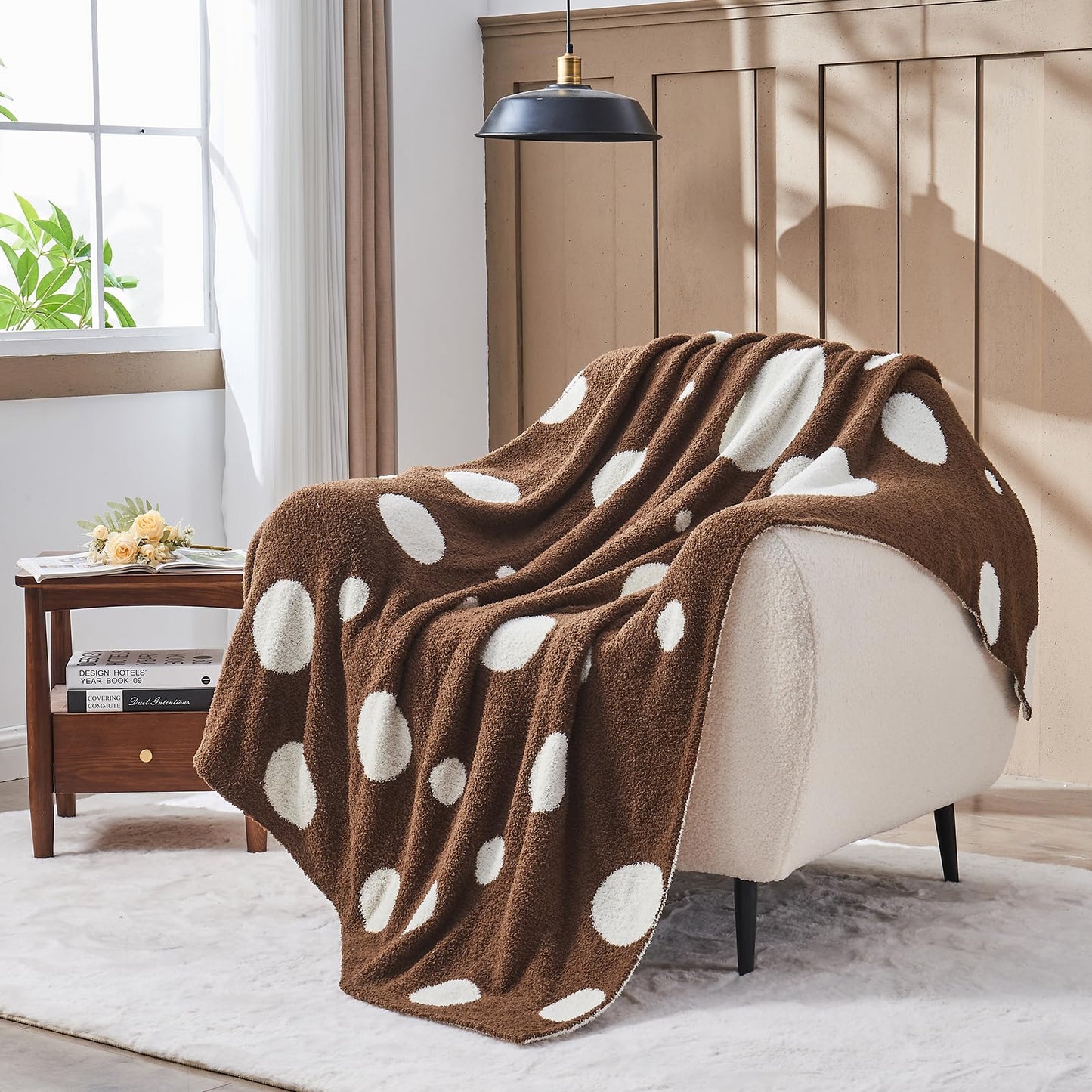 Douceur Polka Dot Throw Blanket for Couch Sofa Bed, Reversible Cozy Fluffy Super Soft Bedroom Blanket, Plush Brown Throw Blanket, 50×60 inches
