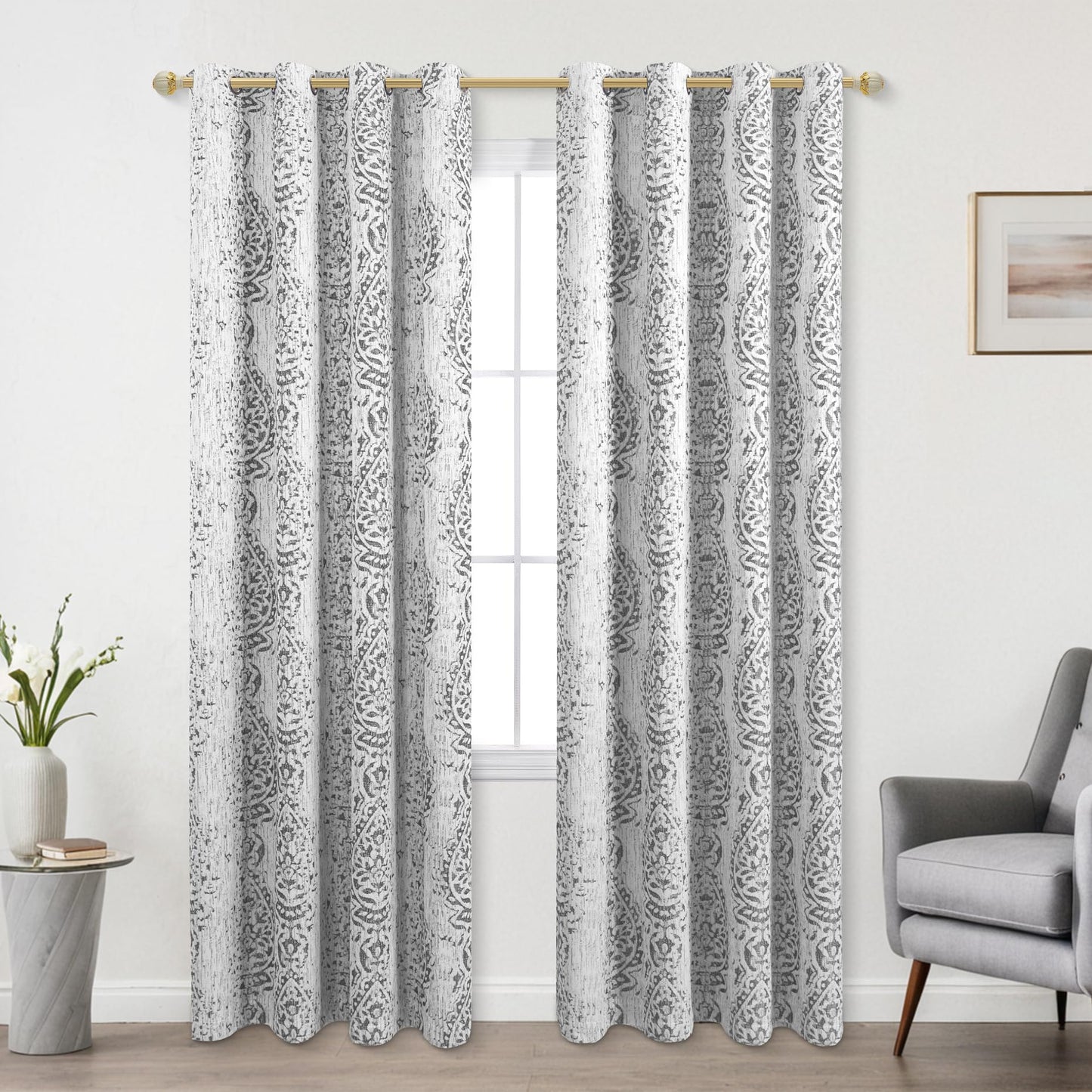 KOUFALL Patterned Blackout Curtains for Bedroom 84 Inch Long,Grey Light Gray Black Out Moroccan Geometric Pattern Curtains for Living Room 2 Panels Set