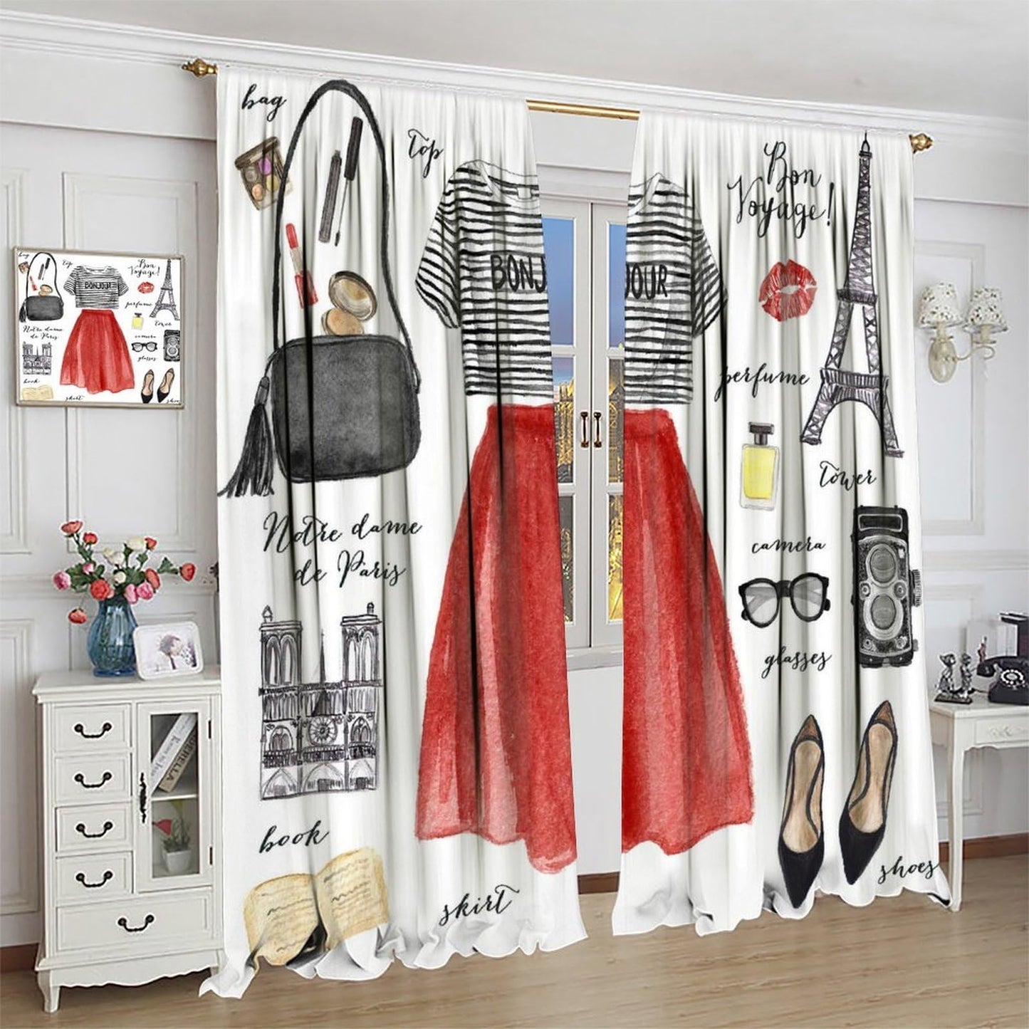 VUMIVI Women's Fashion Curtains Romantic City Eiffel Tower Cosmetics High Heels Dresses Trends Rod Pocket Window Treatments for Bedroom Kitchen Living Dining Apartment Dorms Cafe 42" W X 44.5" L