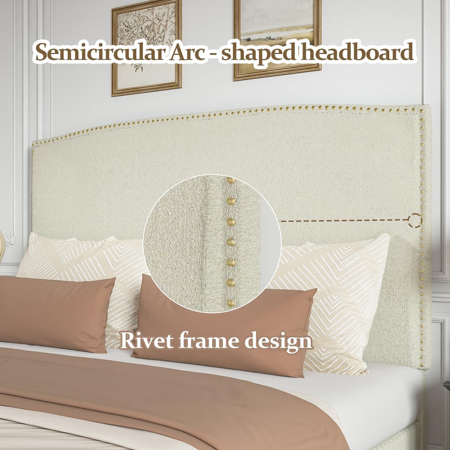 BarnFurin Queen Size Bed Frame with Headboard, 56" Upholstered Platform Bed with Nailhead Trim, Soft Boucle Fabric, No Box Spring Needed, Easy Assembly, Beige