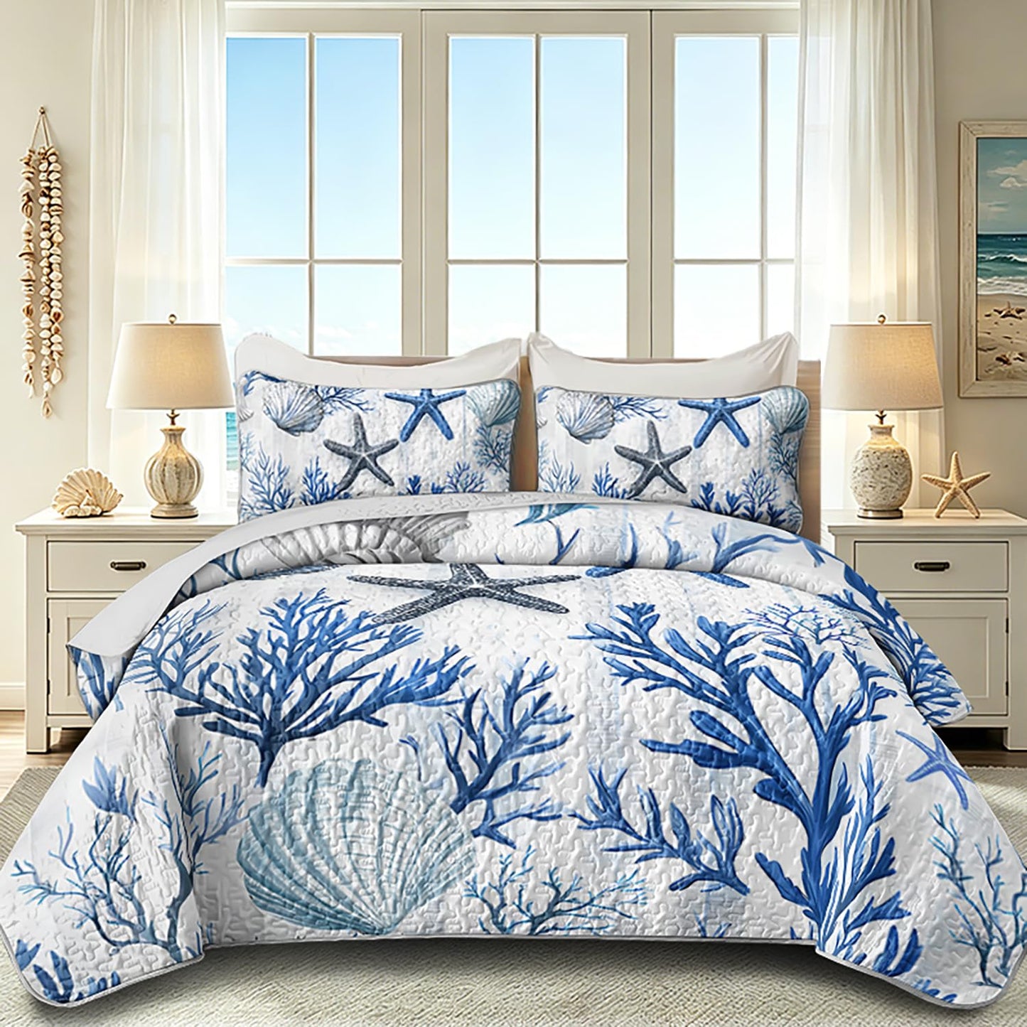 UEVBF 3 Piece Ocean Themed Queen Quilt Sets,Coral Shell Starfish Reversible Microfiber Soft Lightweight Bedspread with 2 Pillowcases,Beach Bedding Quilts Set for Bedroom Bed Decor.