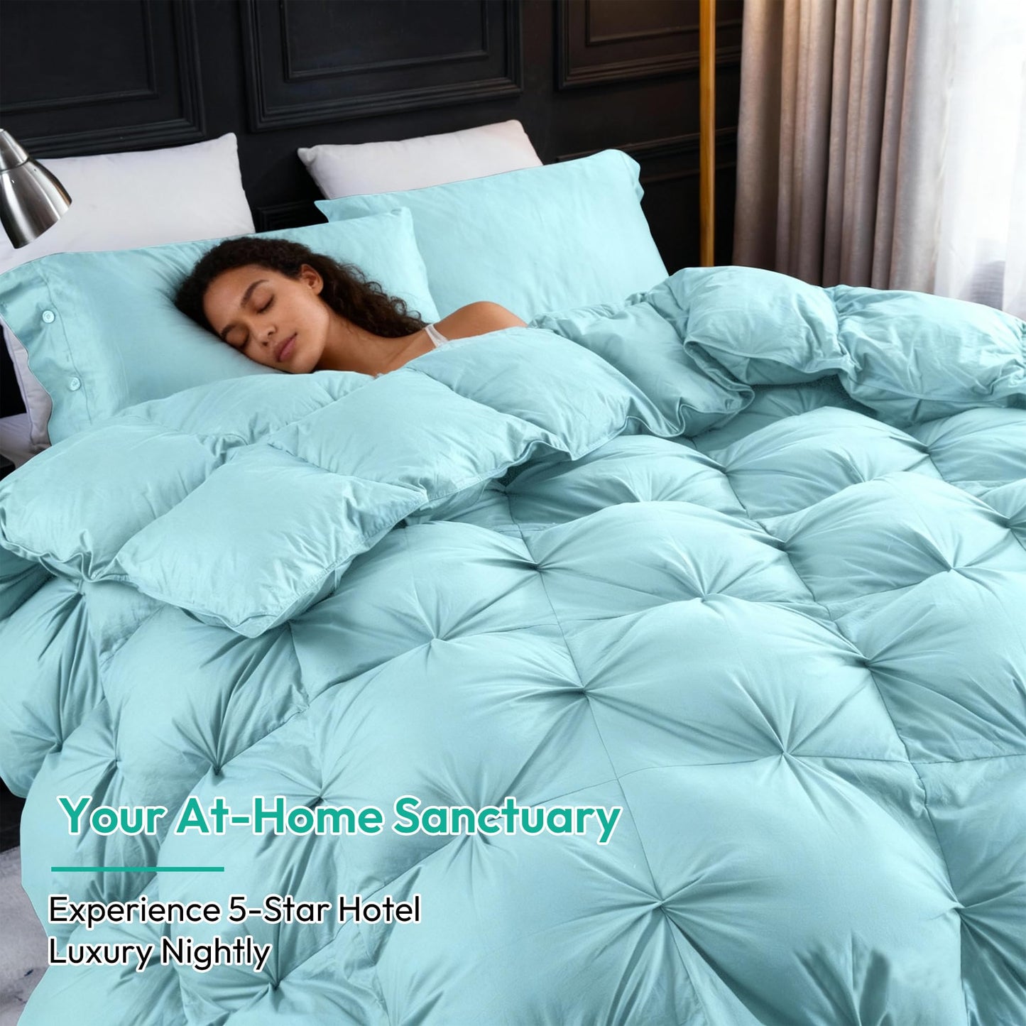 Three Geese Pinch Pleat Waterfowl Feathers and Down Comforter Twin Size Duvet Insert,750+ Fill Power,1200TC 100% Cotton, Premium All Seasons Aqua-Sky Warm Hotel Comforter with 8 Tabs.