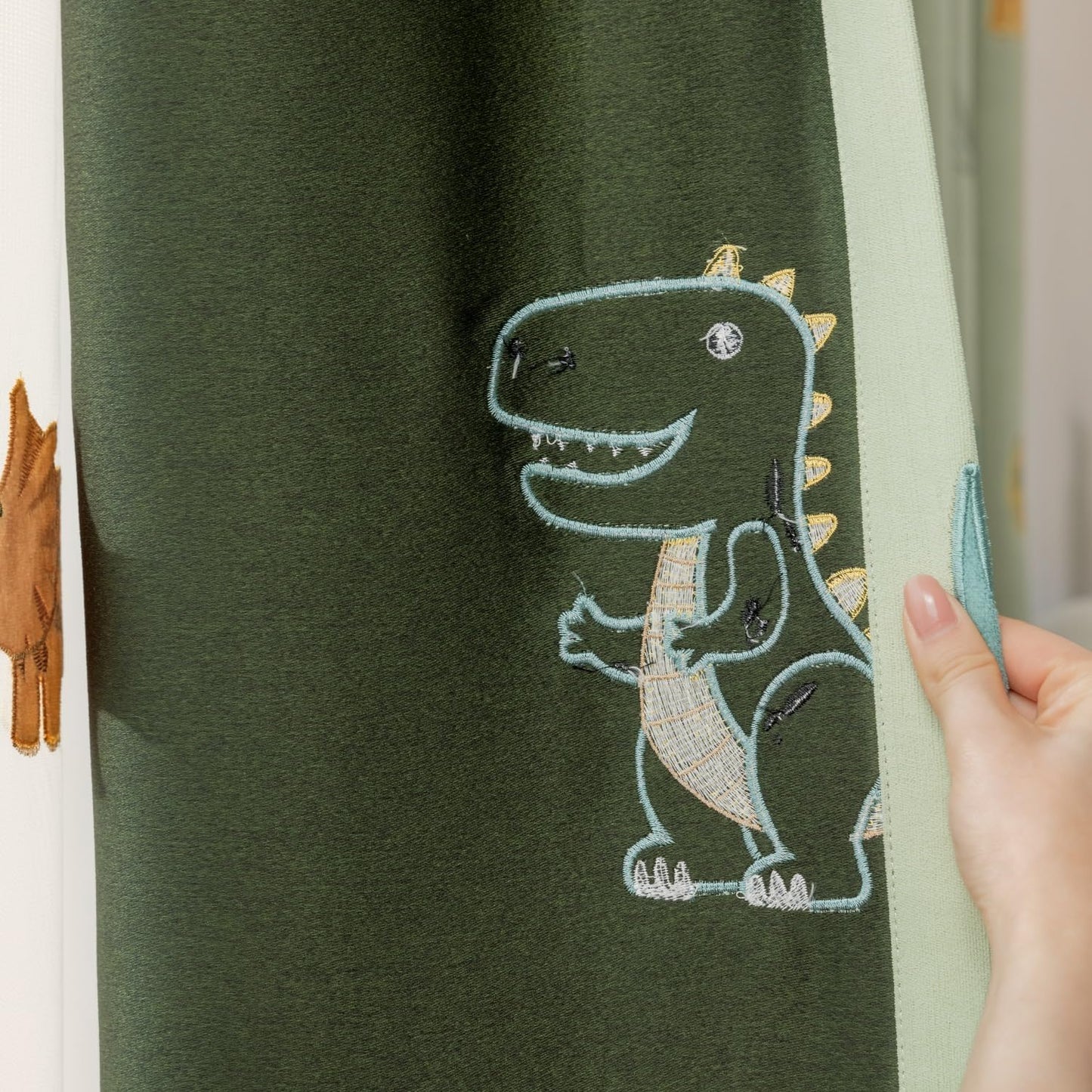 KMSG Cartoon Dinosaur Kids Curtains with Blackout Liner Embroidery Nursery Curtains for Children Boys Baby Bedroom Living Room Grommet Top Room Darkening Window Drapes 1 Panel (Green,W52 x L84 Inch)