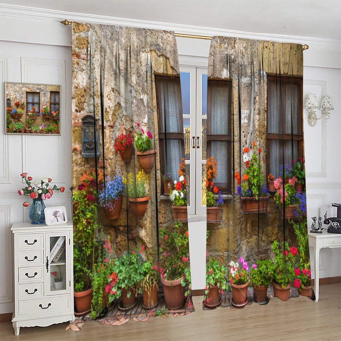 DDCBNS ltalian Style Curtains Old Stone Wall Flowers Printed Window Treatments for Bedroom Living Room Kitchen Café European Town Scenery Décor Drapes 2 Panel Sets Total Size 42" x 45"