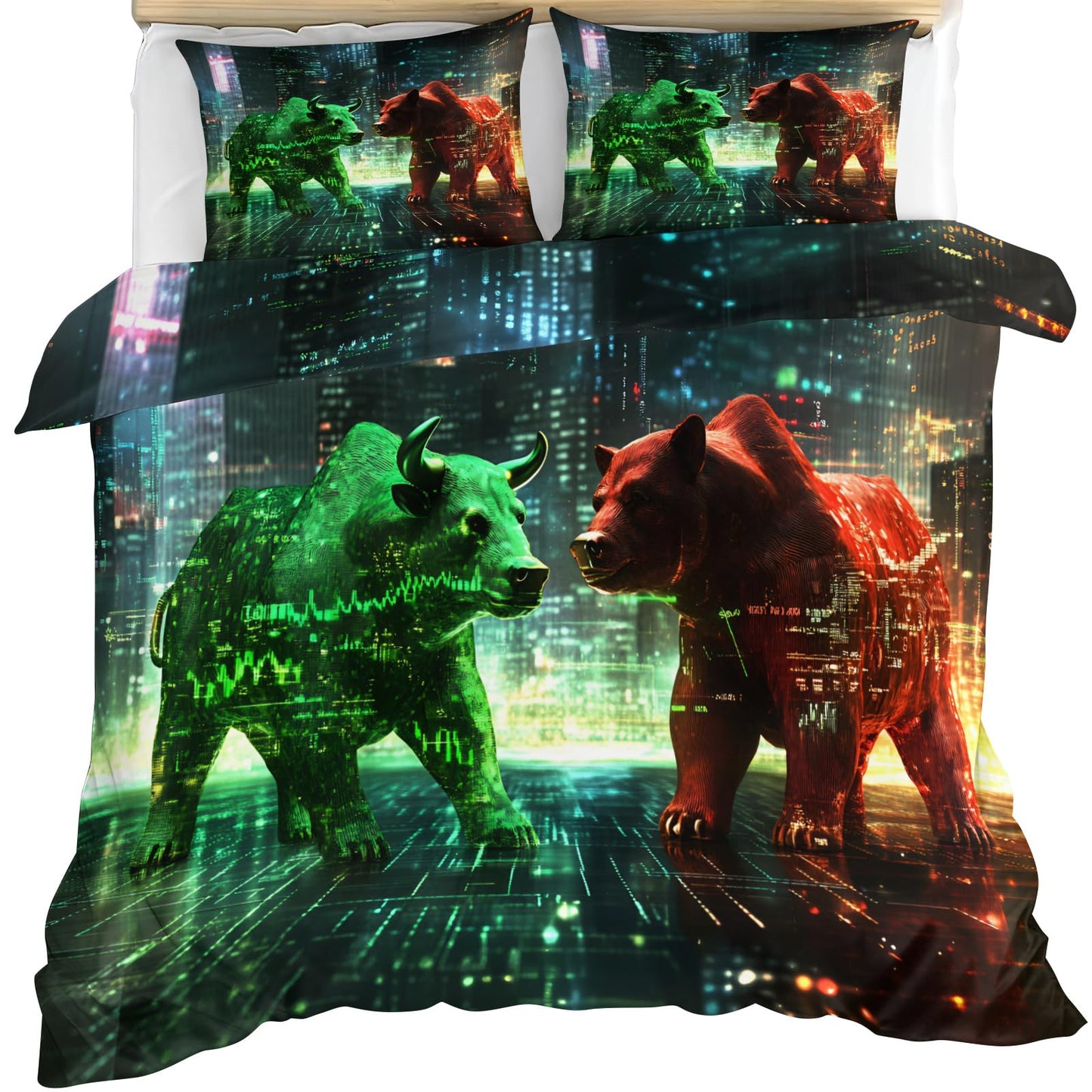 GKPLY Bear Print Bedding Sets King, Red and Green Duvet Cover & Bedroom Decor, Digital Artwork Comforter, Zipper Closure, 2 Pillow Cases, Reversible Print, Technology Bedding Duvet Cover Set