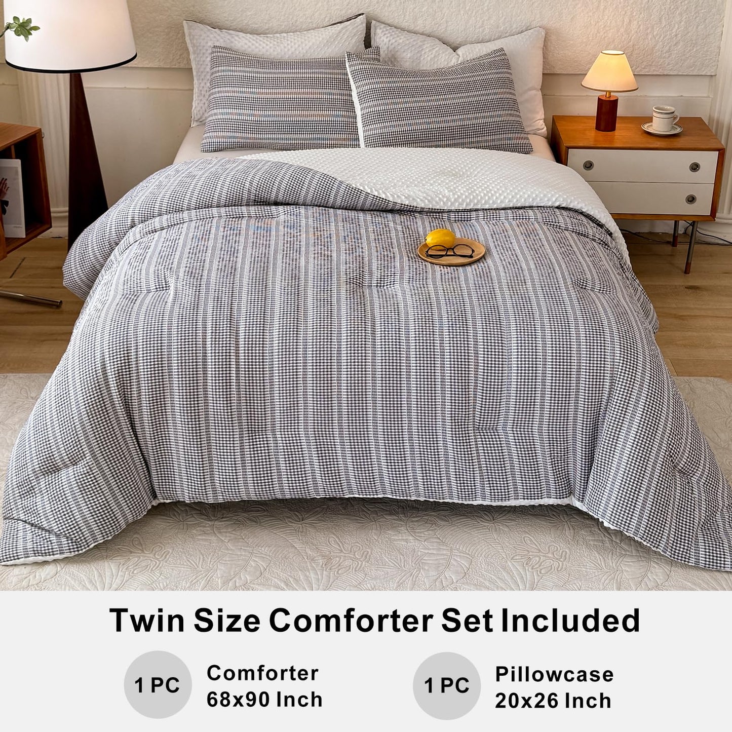 tohrisa Boho Comforter Set Twin Size - 2 Pieces Lightweight Jacquard Seersucker Bedding Sets (1 Soft Fluffy Grid Comforter & 1 Pillowcase) - All Seasons Cozy Modern Bed Set(68"x90" Dark Grey)