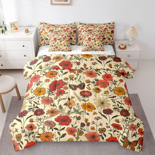 Erosebridal Daisy 7 Piece Bedding Set Queen Butterfly Comforter Set with Sheets Lily of The Valley Floral Theme Bed in a Bag Cute Hand Drawn Flower Butterfly for Kids Boys Girls