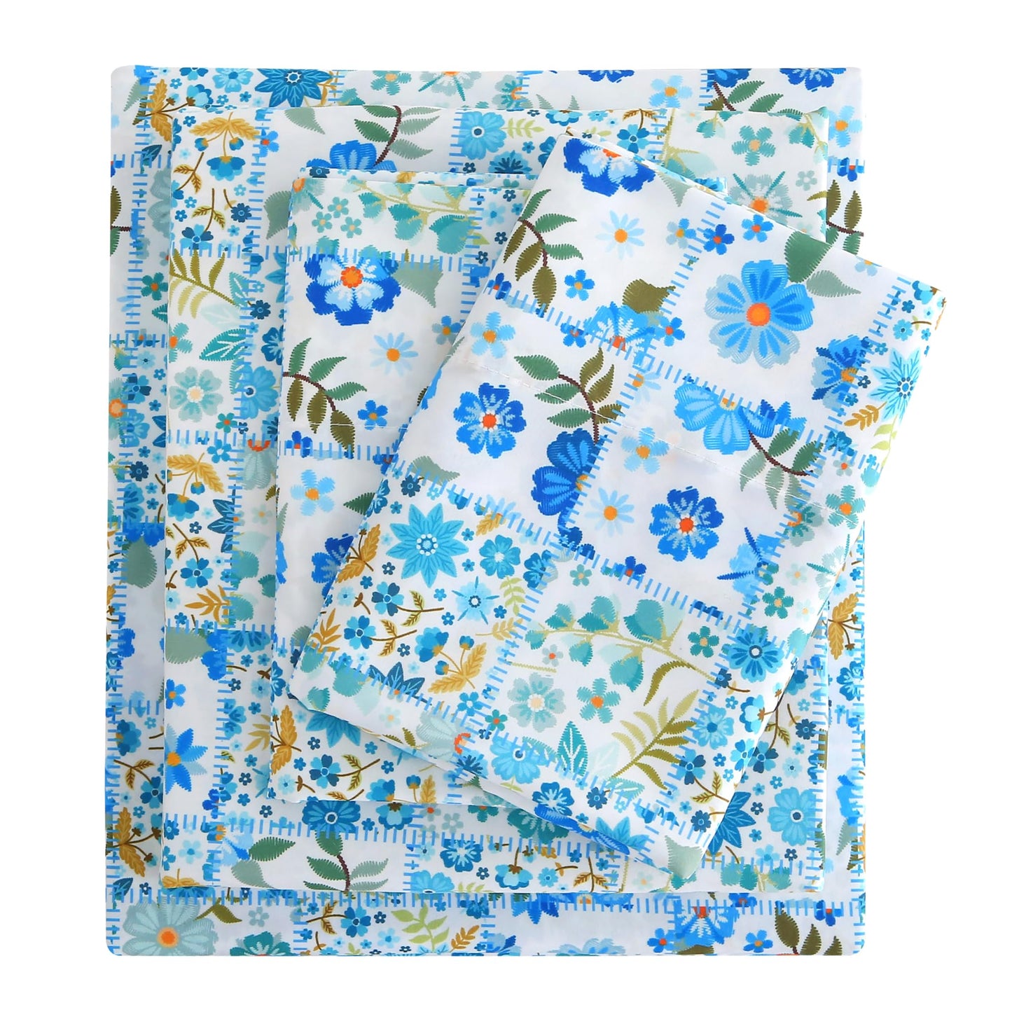Mooreeke Cozy Pastoral Microfiber Printed Full Sheet Set - Soft & Breathable Blue Green Floral Patchwork Bed Sheets with Extra Deep Pocket - Non-Slip Fitted Design - Floral Patchwork Pattern - Full