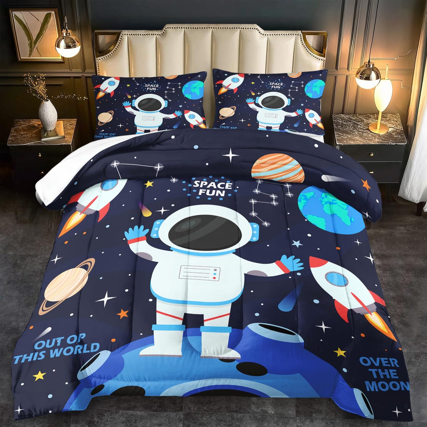 Llyxsest Blue Star Comforter Set Queen,Blue Space Bedding Set Queen for Boy,Star Quilt Space Themed Party Decorations,Galaxy Birthday Decorations for Kids and Adult