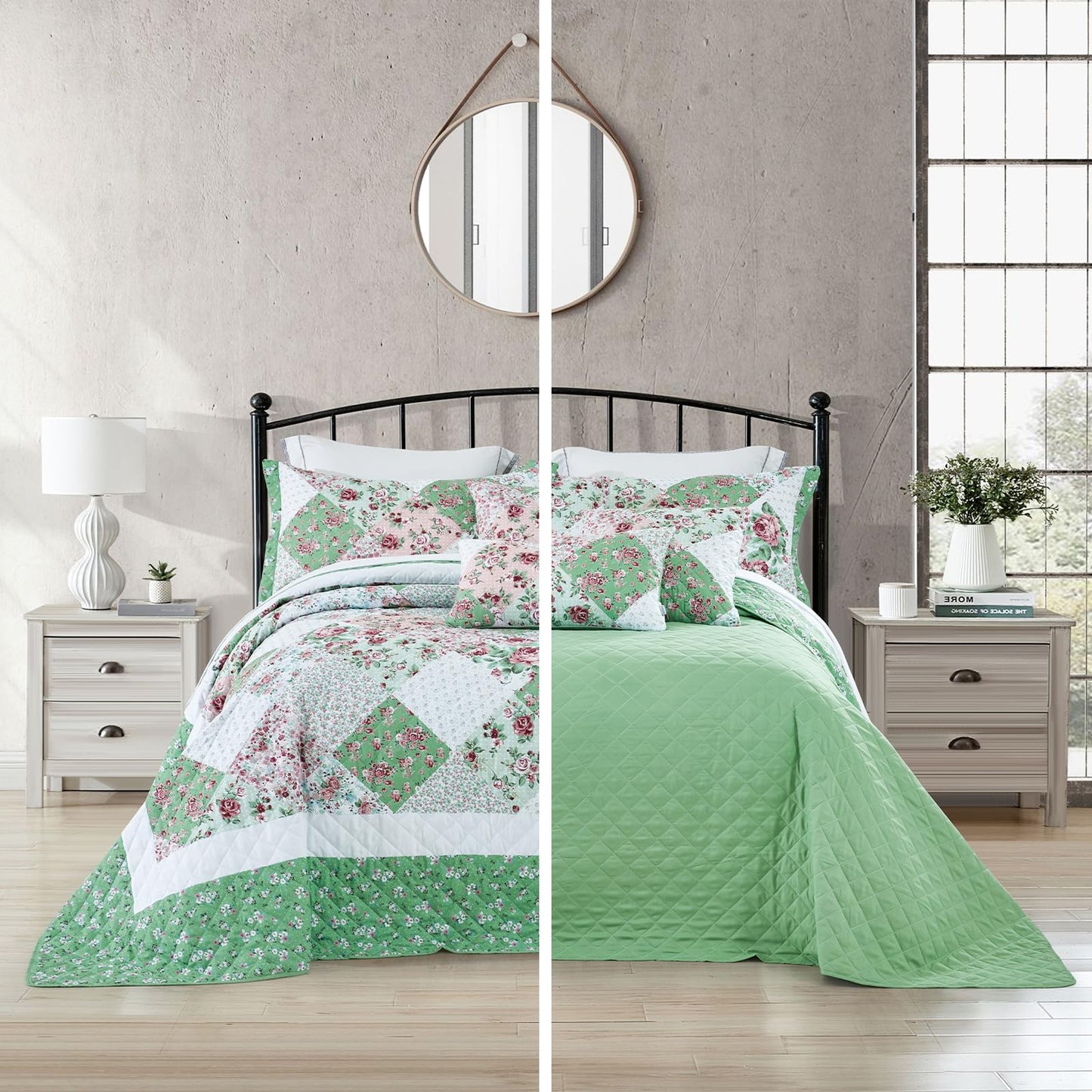 DaisyHuang Oversized King Bedspread 128x120 Extra Wide, Farmhouse Patchwork Floral Quilt Bedding Cover, Reversible, 6 Piece, 100% Microfiber, King/California King, Rose