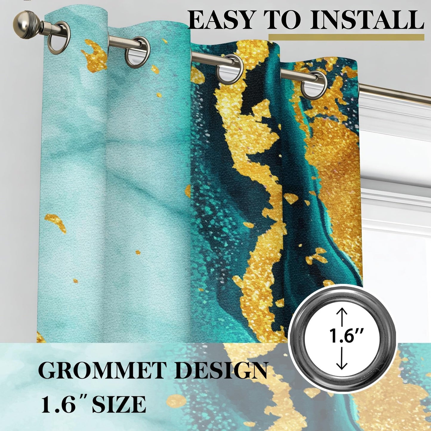Luxury Teal and Gold Blackout Curtains for Bedroom, Abstract Turquoise Marble Art 3D Printed Drapes, Thermal Insulated Grommet Room Darkening Curtains for Living Room, 42" W x 84" L (Pack of 2)