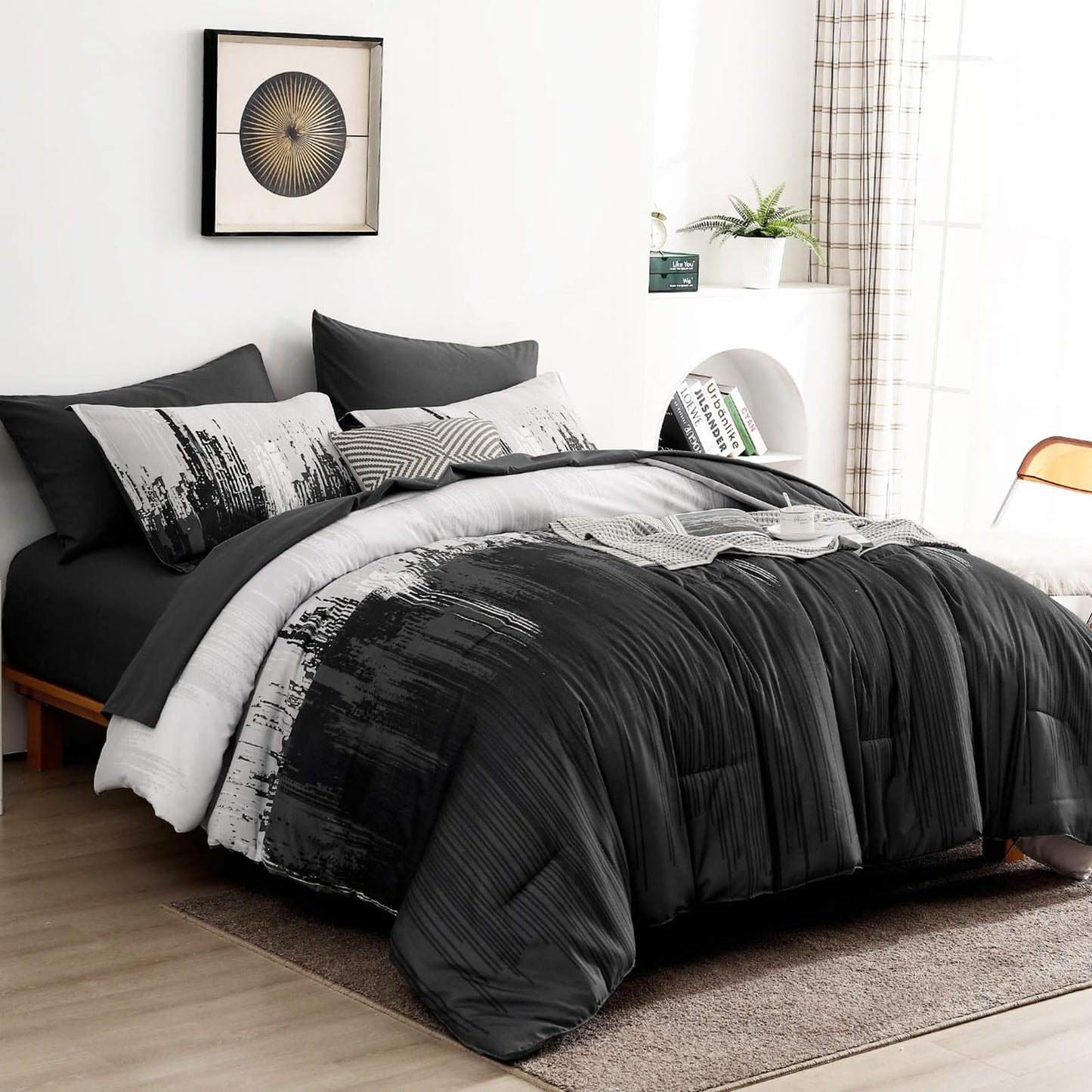 WONGS BEDDING Comforter Set Queen,Black Grey 7 Pieces Bed in a Bag Colorful Abstract Art Gradient Comforter Soft Microfiber Bedding Set with Comforter,Flat Sheet,Fitted Sheet,Pillow Shams,Pillowcases
