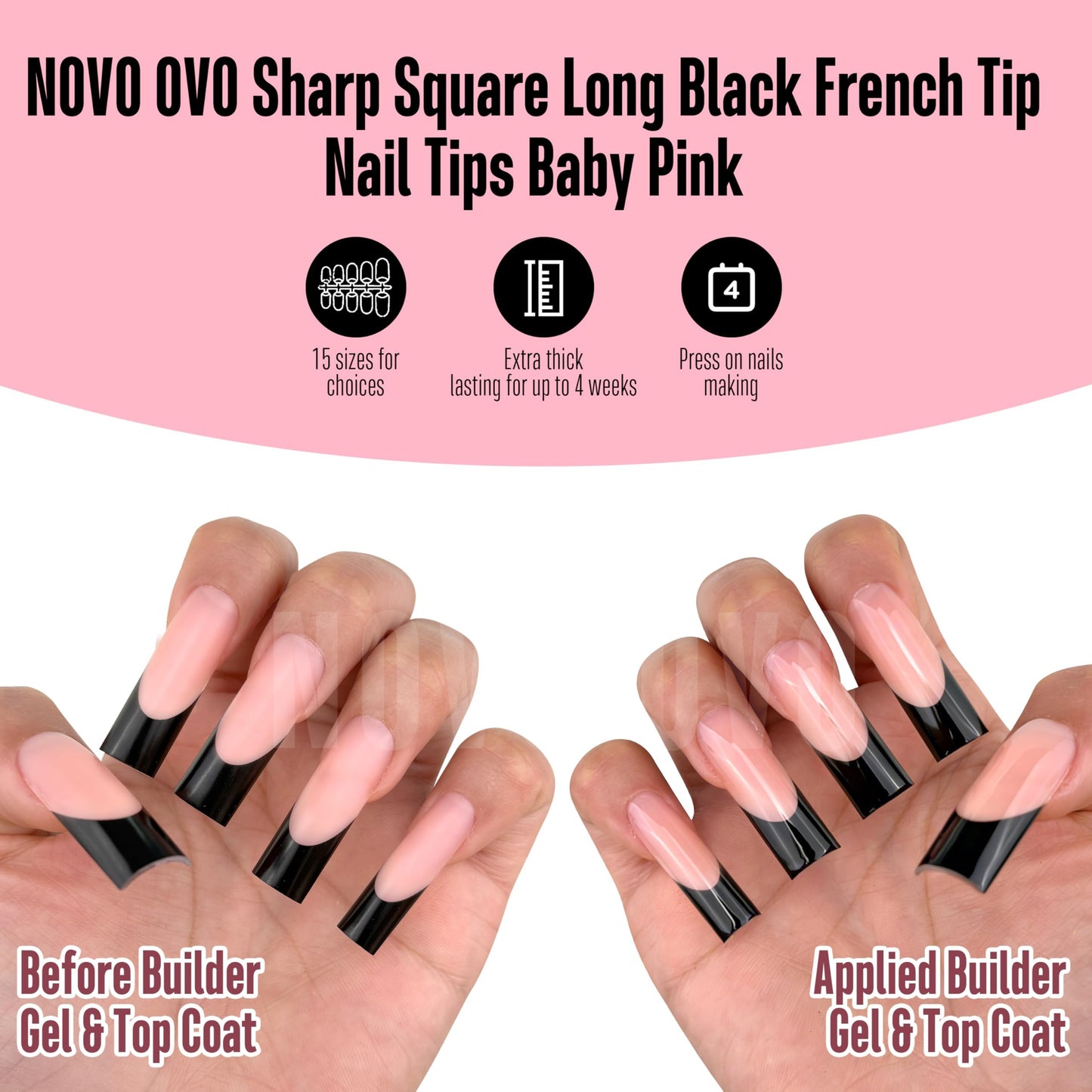 NOVO OVO Soft Gel Nail Tips Long Square - Black French Tip on Baby Pink Base, 180Pcs Full Cover False Nails for Gel X Extension, Sharp Shape Pre-Designed Press on Nails for DIY Home Salon (15 Sizes)