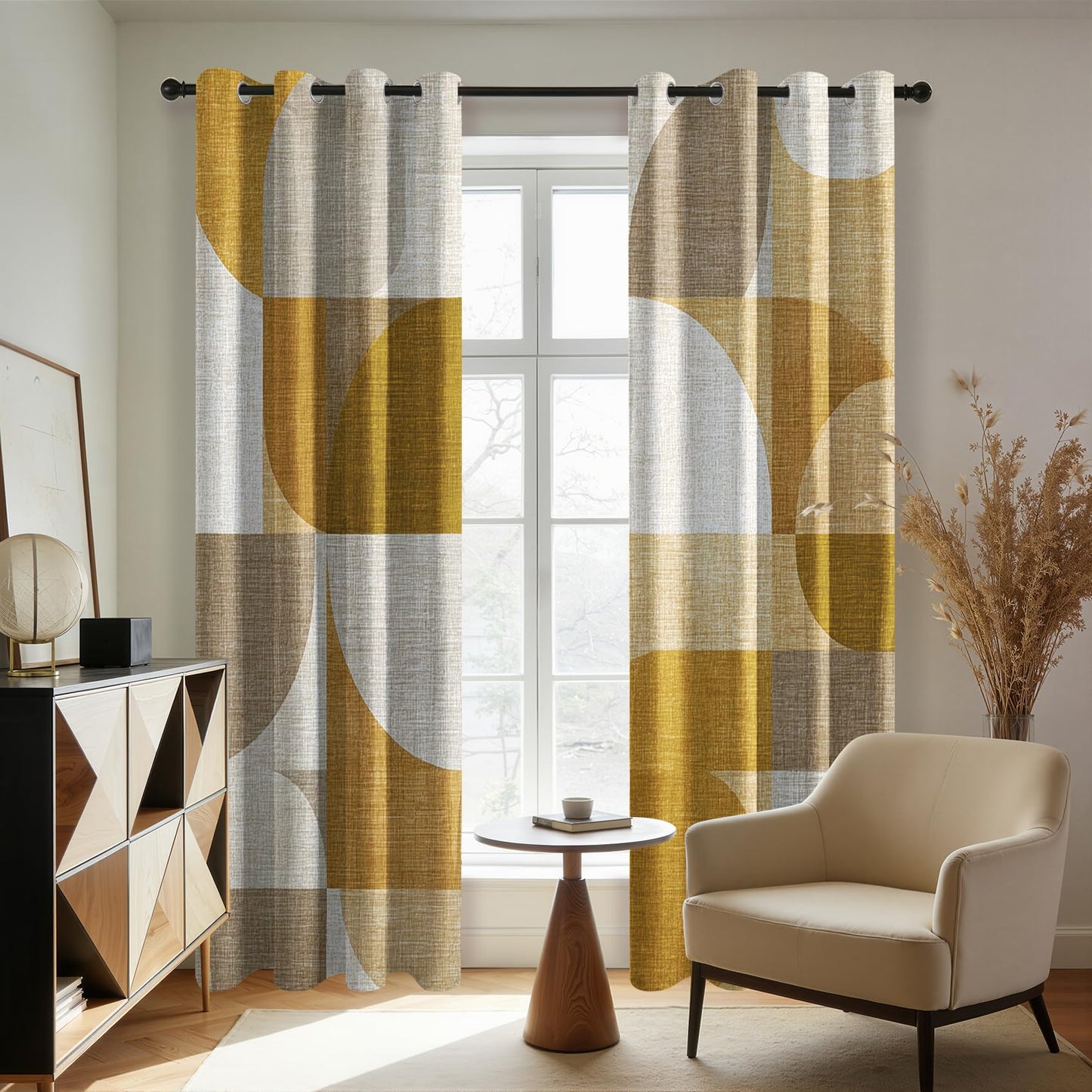 Solvivae Modern Mid Century Blackout Curtains 63 Inch Length, Abstract Geometric Mustard Curtains for Bedroom Living Room, Room Darkening Thermal Insulated Grommet Drapes, Patterned Window Treatments