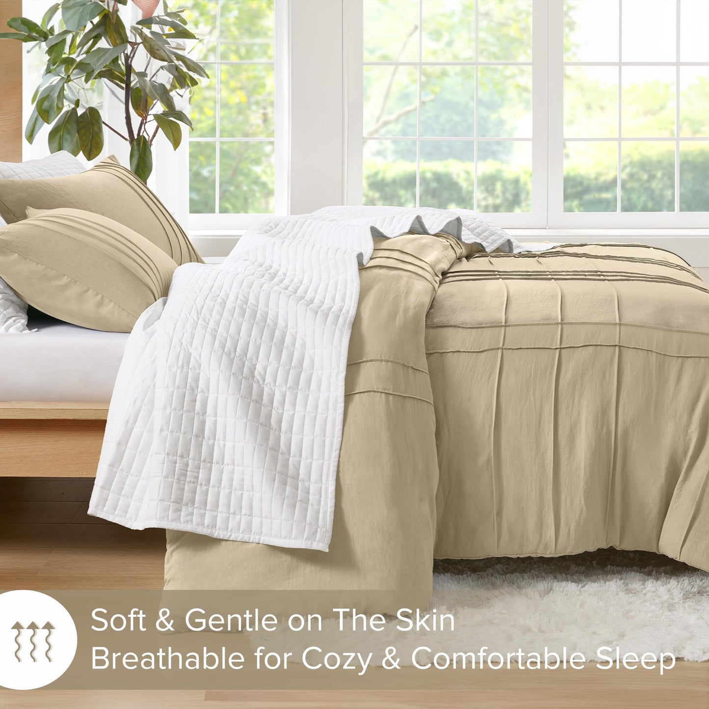 Comfort Spaces Khaki King Size Comforter Set - 3 Pieces Pintuck Pleated Bedding Sets, All Season Lightweight, Extra Softness Pre-Washed Microfiber King Bed Set, Shams, King
