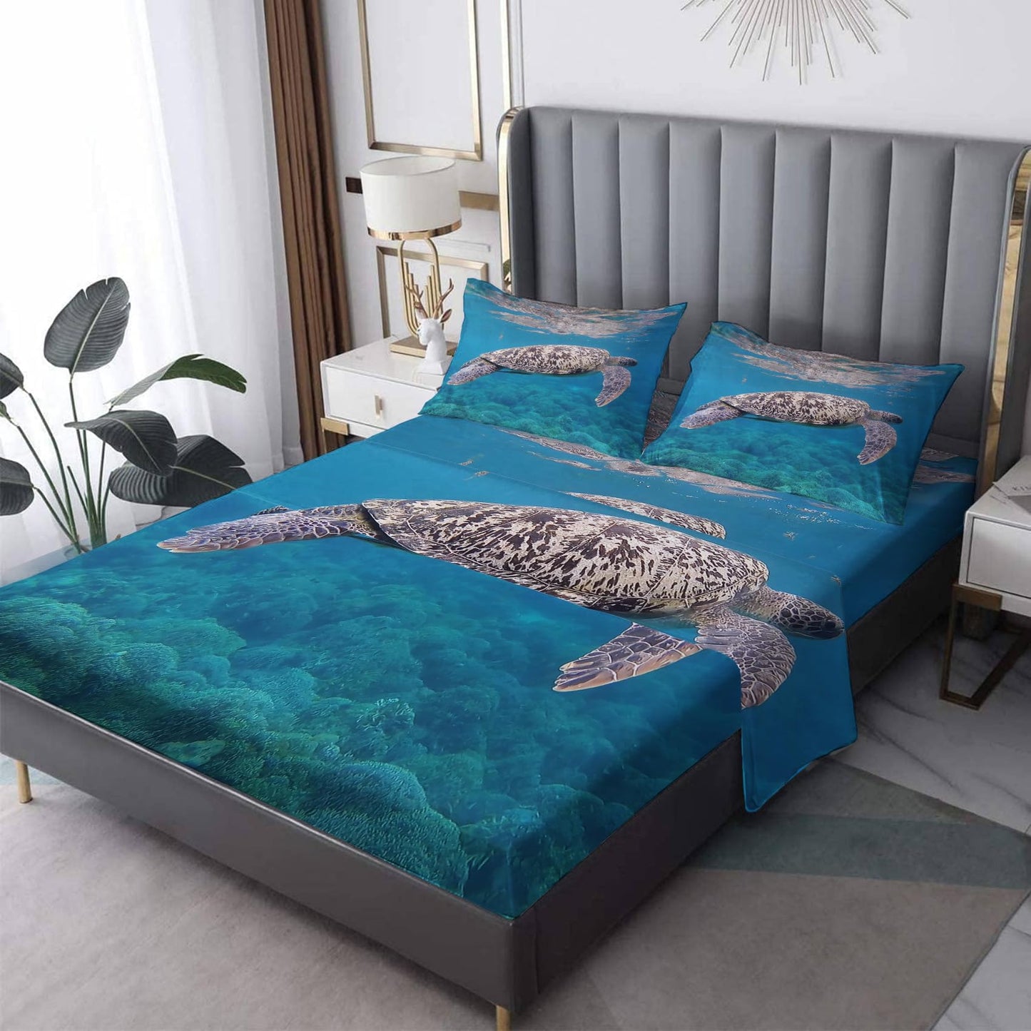 THYUNQ Sea Turtle Sheets Full Size Bed, 3D Sea Life Pattern Bedding Sheets & Pillowcases - 16 Inch Deep Pocket, Super Soft Microfiber Printed Sheet Set 4 Piece