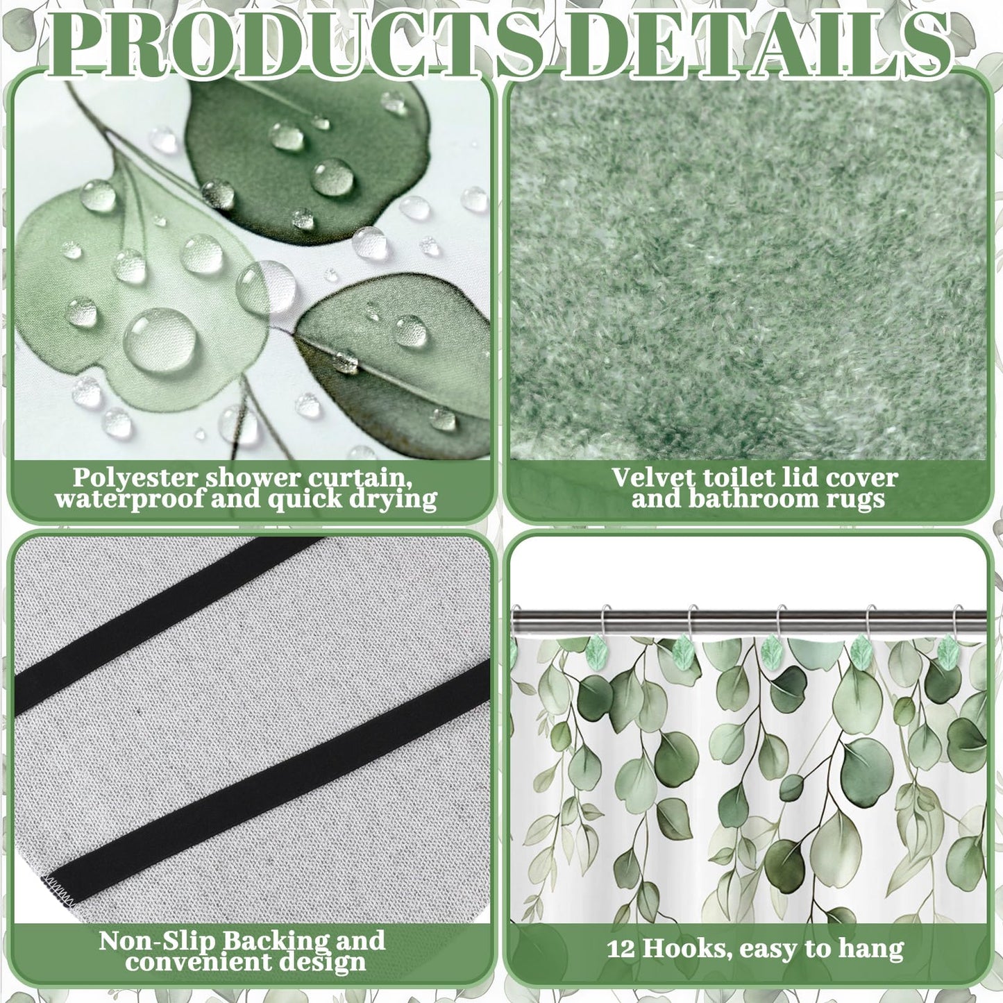 Peryiter 21 Pcs Sage Green Bathroom Set Eucalyptus Leaves Shower Curtain with 12 Leaf Hooks, 4 Sage Green Bath Towels 2 Non-Slip Rugs U-Shaped Toilet Mat & Cover Eucalyptus Decor for Bathroom