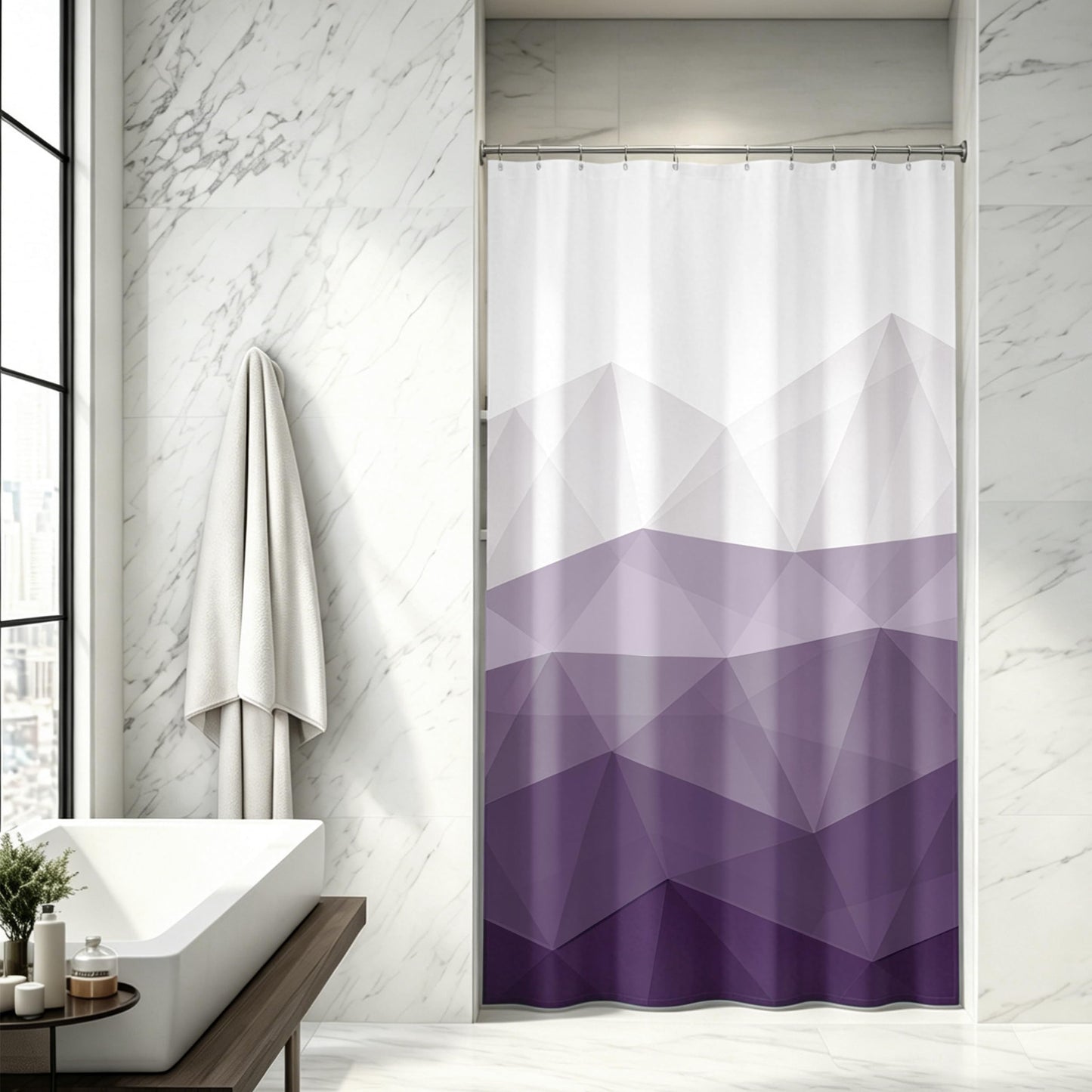 Sunlit Designer 36 x 72 Inches Small Stall Shower Curtain, Ombre Purple RV Half Size Narrow Fabric Shower Curtains for Bathroom Decor, Contemporary Geometric Bathroom Curtains, Purple