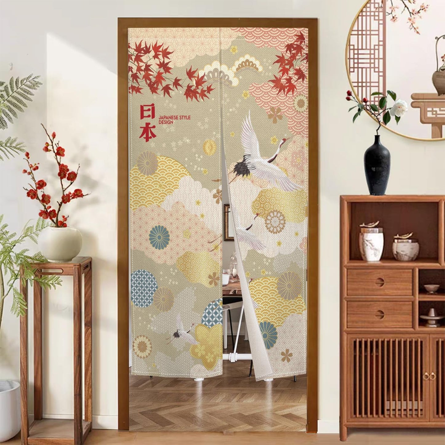 XMJJKUF Long Style Japanese Noren Doorway Curtain Japanese Doorway Curtain Feng Shui Window Treatment Cranes Printed Door Tapestry Polyester for Room Divider Kitchen Home Decor,33.5"x 70.9"