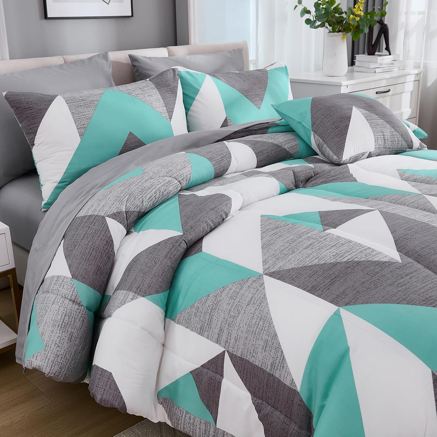 Bedbay Teal Grey Queen Comforter Set with Sheets 8 Pcs Queen Bed in a Bag Modern Geometric Chevron Print Luxury Western Bedding 1 Comforter 4 Pillowcases 1 Flat Sheet 1 Fitted Sheet 1 Cushion Cover