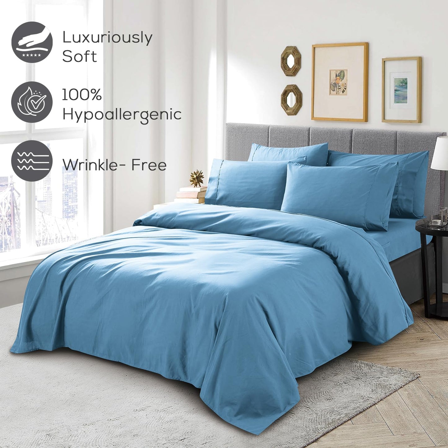 Mueller UltraTemp 6 PC Queen Sheet Set - Ultra-Soft Luxury Series, Cooling & Breathable Hotel Luxury Bed Sheets, Deep Pocket Wrinkle-Free Oeko-TEX, Denim
