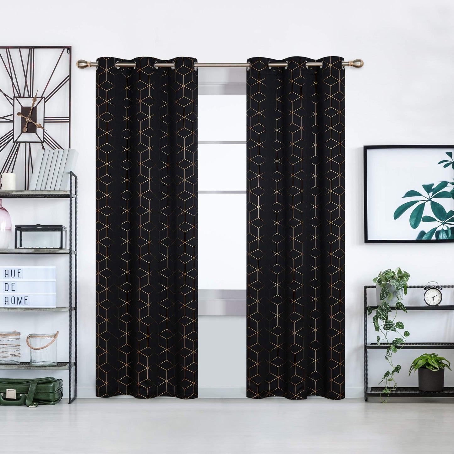 Deconovo Grommet Blackout Curtains, Room Darkening Gold Diamond Drapes, 2 Panels, Black, 42W x 95L Inch, for Bedroom and Living Room