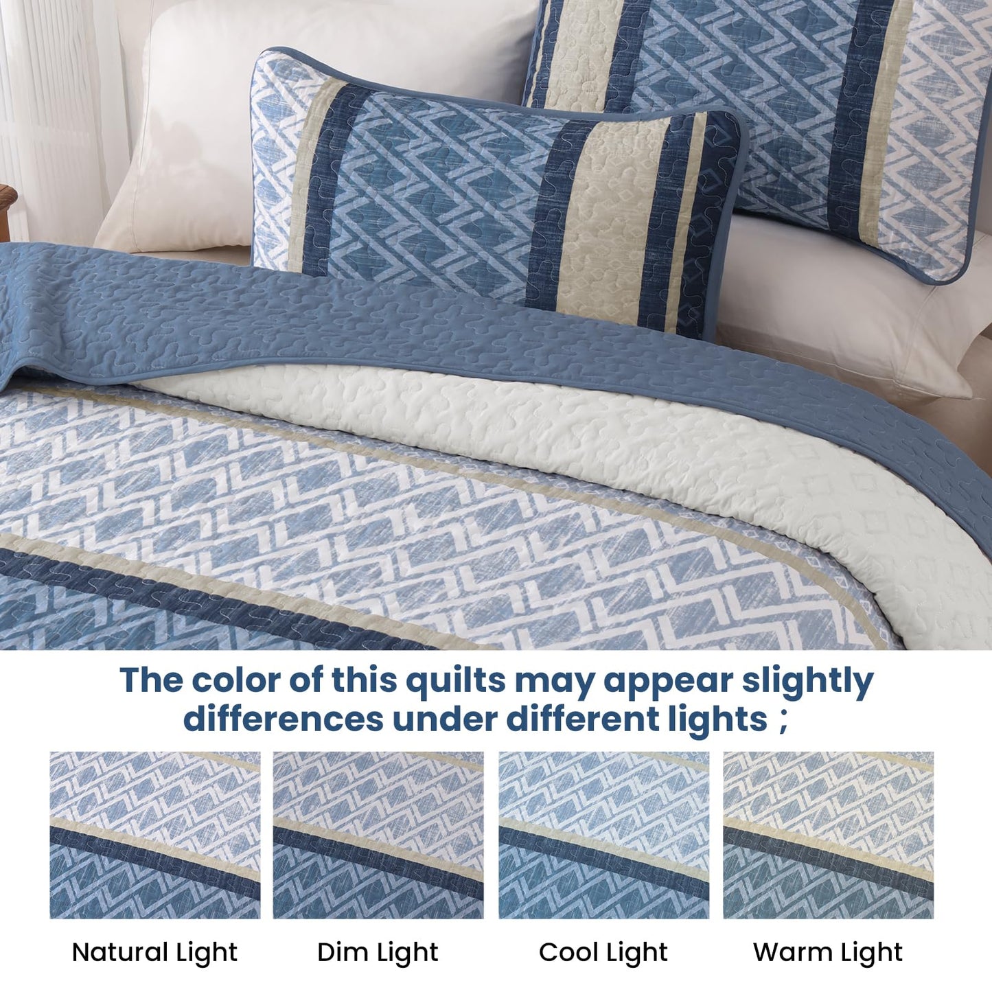 Dinjoy Boho Queen Quilt Set, Blue Striped Bedspread Queen Size,Navy Blue Bedding Sets 3 Pieces Micofiber Lightweight Fall Quilts with 2 Pillow Shams Coverlet Bed Sets for Women Men 96''x90''