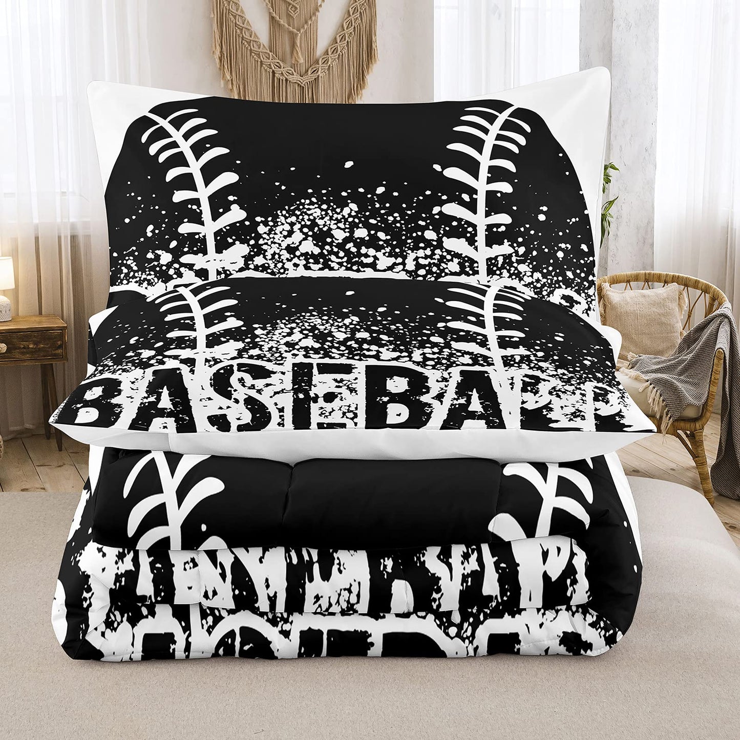 Bodhi Black and White Comforter Set,Sports Bedding Set for Kids,Boys Baseball Bedding Full Size,Kids Comforter Set with Pillowcases,Teen Boys Bedding Set Full Size