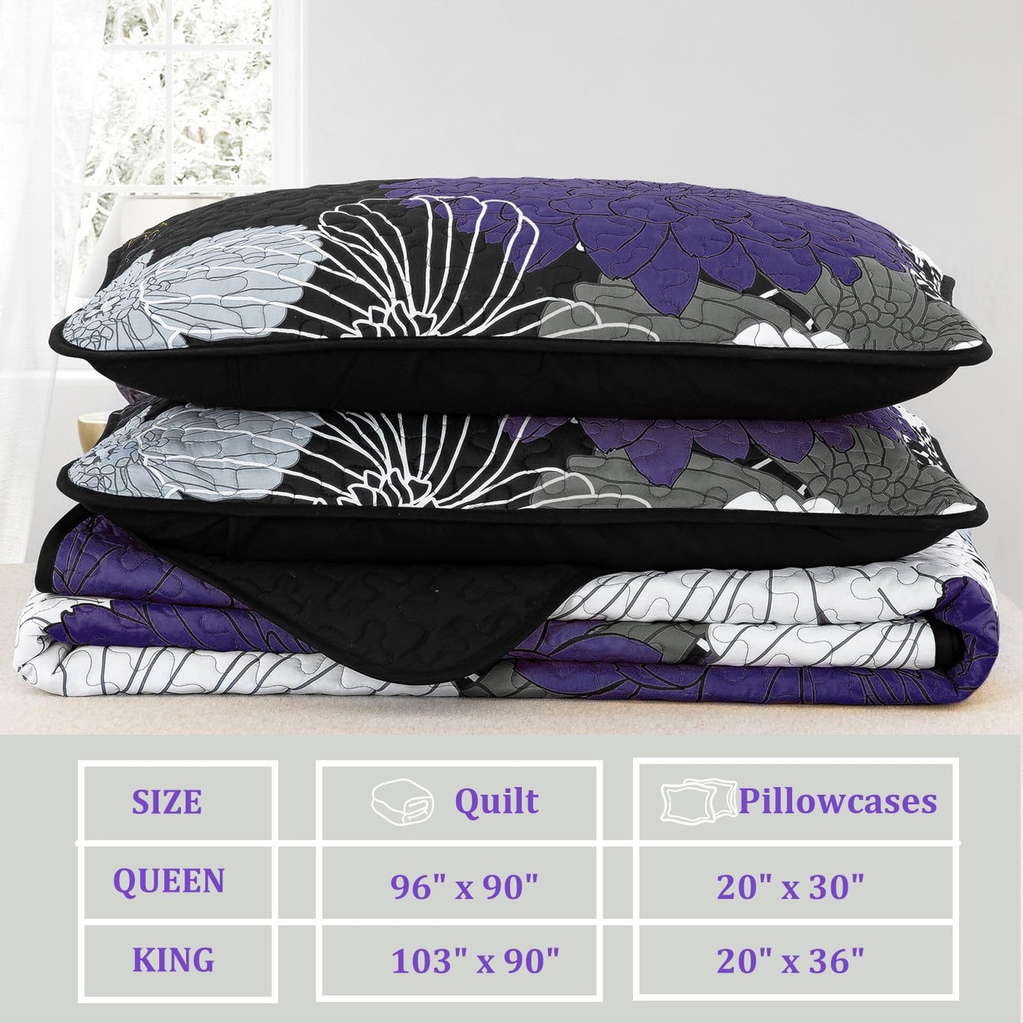 Purple Floral Quilt Set Queen Size - 3 Pieces Purple Flower Pattern Coverlet Set, Soft Microfiber Lightweight Quilted Bedspread for All Season with 2 Pillowcases All Seasons Bed Cover Set 96"x90"