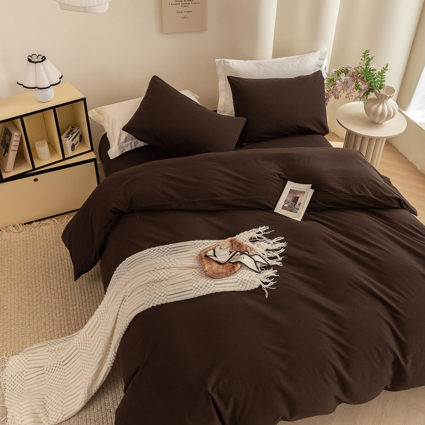 ECOCOTT Duvet Cover Queen Size -100% Washed Cotton Linen Like Textured Breathable Durable Soft Comfy Bedding Set with Zipper Closure & Corner Ties (Cocoa Brown, 90"x90")