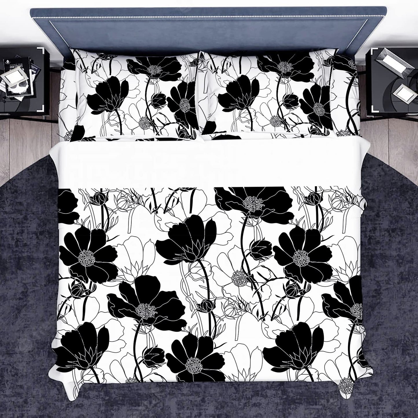 INTOMENG Black and White Floral Sheets Queen Flower Aesthetic Bed Sheets Full Soft Deep Pocket Queen Sheet Set - 1pc Flat Sheet, 1pc Fitted Sheet, 2pc Pillowcases Flowers Ultra Soft