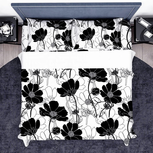 INTOMENG Black and White Floral Sheets Queen Flower Aesthetic Bed Sheets Full Soft Deep Pocket Queen Sheet Set - 1pc Flat Sheet, 1pc Fitted Sheet, 2pc Pillowcases Flowers Ultra Soft