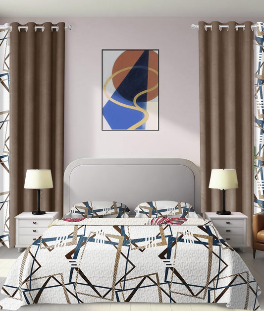 Classic 9-Piece Geometric Print Queen Light Comforter Set with Matching Curtains, Creamy White Bedspread Set Ultra-Soft & Machine Washable Refined Update To Bedroom Decor, Ideal of All-Season Gift