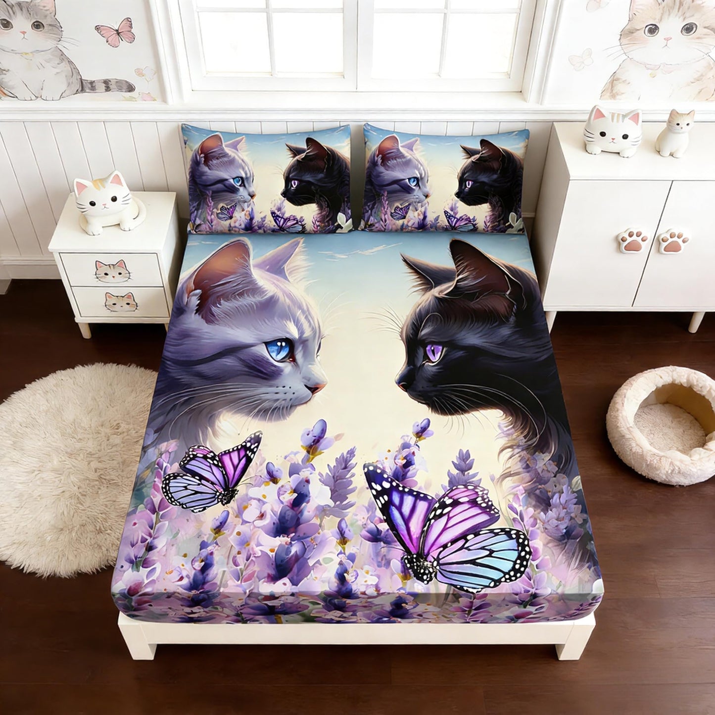 UEVBF Cat Fitted Sheet Toddler Bedding Set,Floral Bedding Animal Themed Fitted Sheet Sets for Kids Boys Girls Room Decor,Cute Bed Fitted Sheet Sets Twin Size,1 Fitted Sheet+2 Pillowcases.