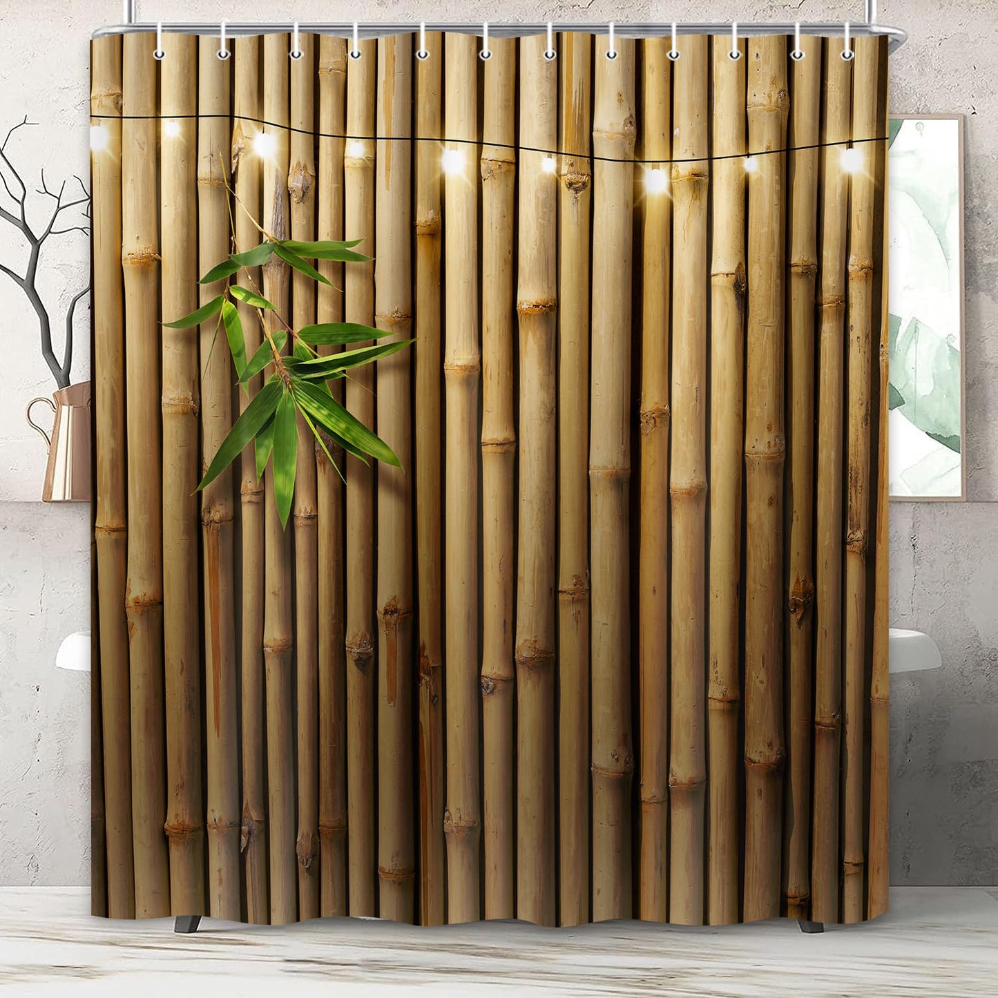 Pinpai Bamboo Shower Curtain, Japanese 3D Shower Curtain Set for Bathroom, Nature Zen with Lights Fabric Shower Curtain Restroom Bathtub Decor Accessories with Hooks 72X 72 inch