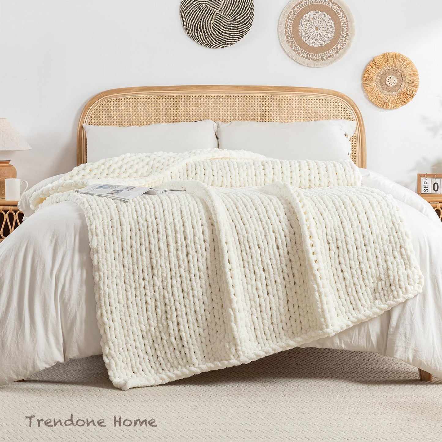 LAST MODA Chunky Knit Blanket Throw, 100% Hand Knit Throw Blanket Handmade Chenille Cable Knit Throw for Couch, Stylish Cozy Soft Rope Knot Crochet Blanket for Home Decor, Ivory, 50x60 Inches