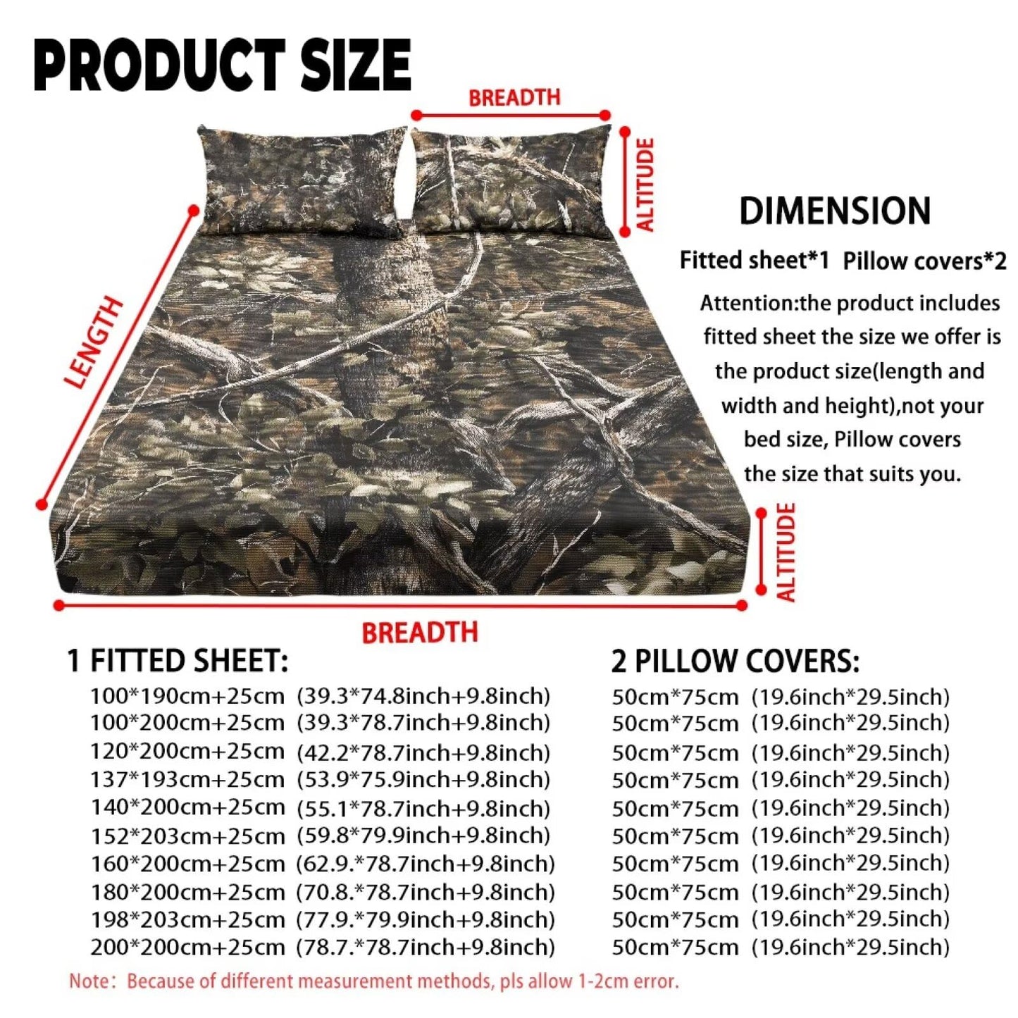 ZDCUSTOM XL Size 3 Piece Sheet Set Stay in Place Fade Stain Resistant Cooling Bed Sheets with All Around Elastic Cozy Bedsheet & Pillowcases for Bedroom Decor Hunting Camo, 39" x 79"